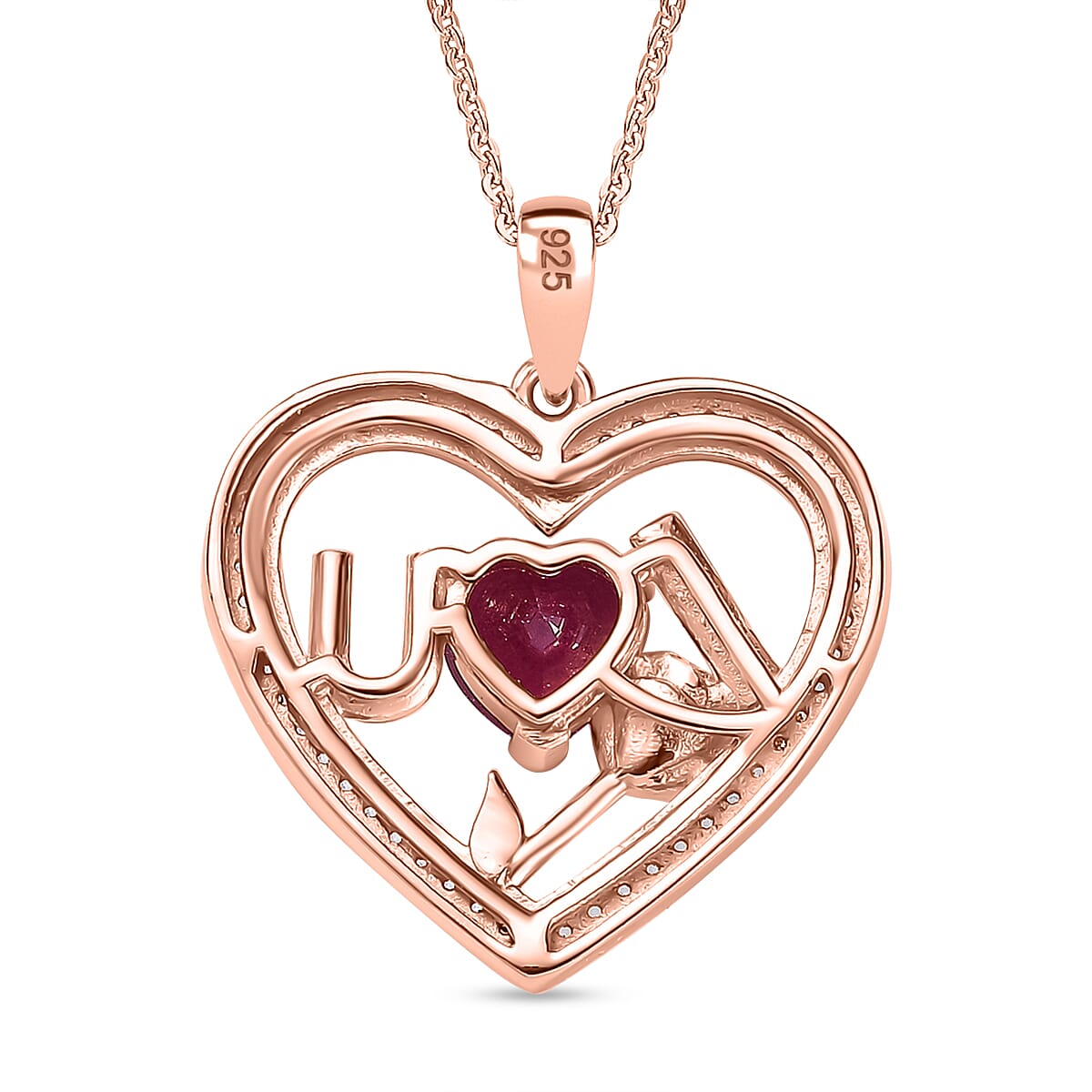 D'Joy African Ruby & White Zircon Heart Pendant with Chain (Size - 20) in 18K Vermeil Rose Gold Plated Sterling Silver 3.73 Ct.