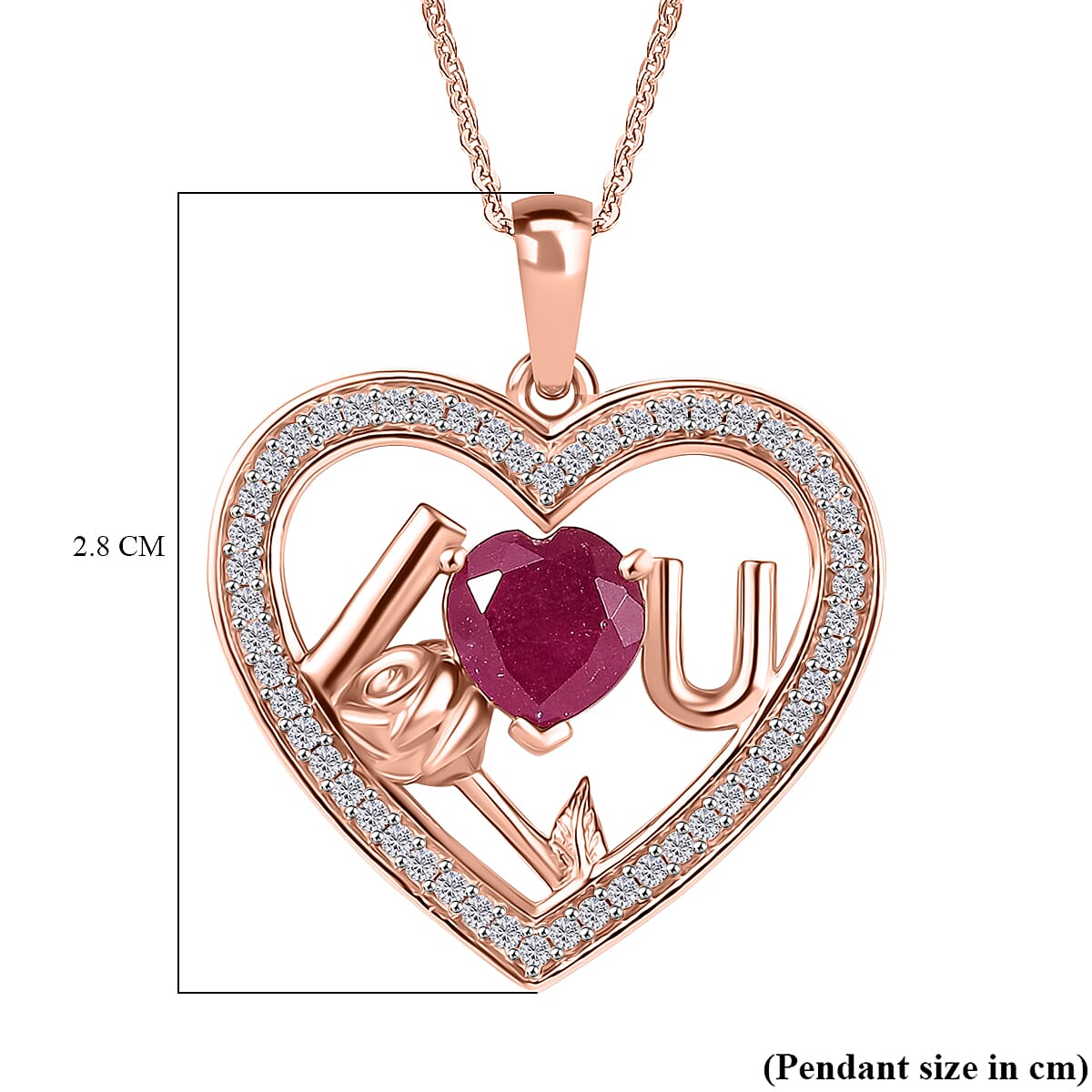 D'Joy African Ruby & White Zircon Heart Pendant with Chain (Size - 20) in 18K Vermeil Rose Gold Plated Sterling Silver 3.73 Ct.