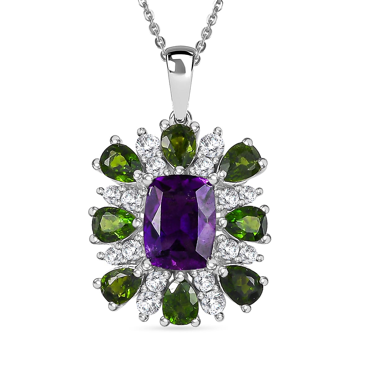 African Amethyst, Natural Chrome Diopside & White Zircon Pendant with Chain (Size 20) in Rhodium Overlay Sterling Silver 3.49 Ct.