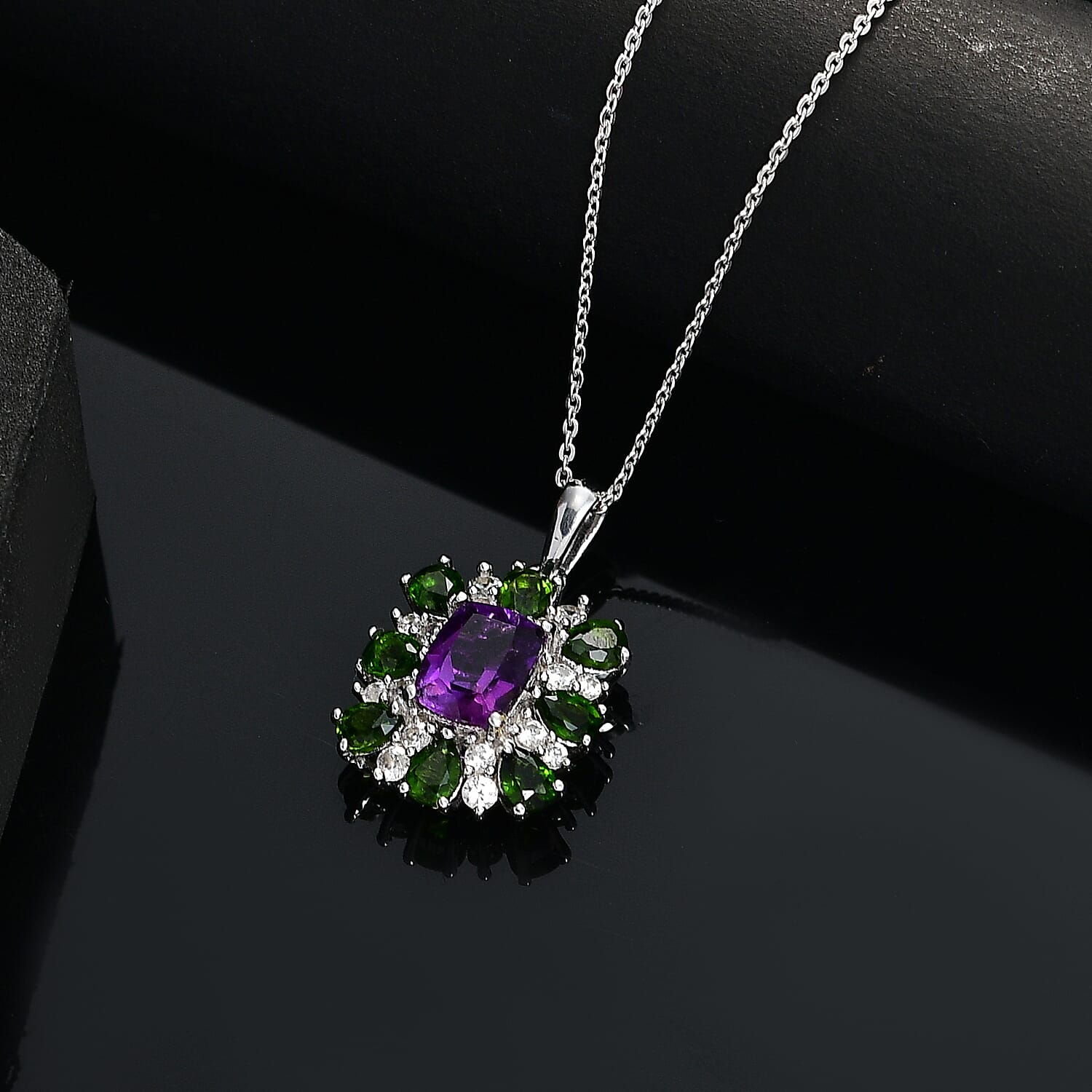 African Amethyst, Natural Chrome Diopside & White Zircon Pendant with Chain (Size 20) in Rhodium Overlay Sterling Silver 3.49 Ct.