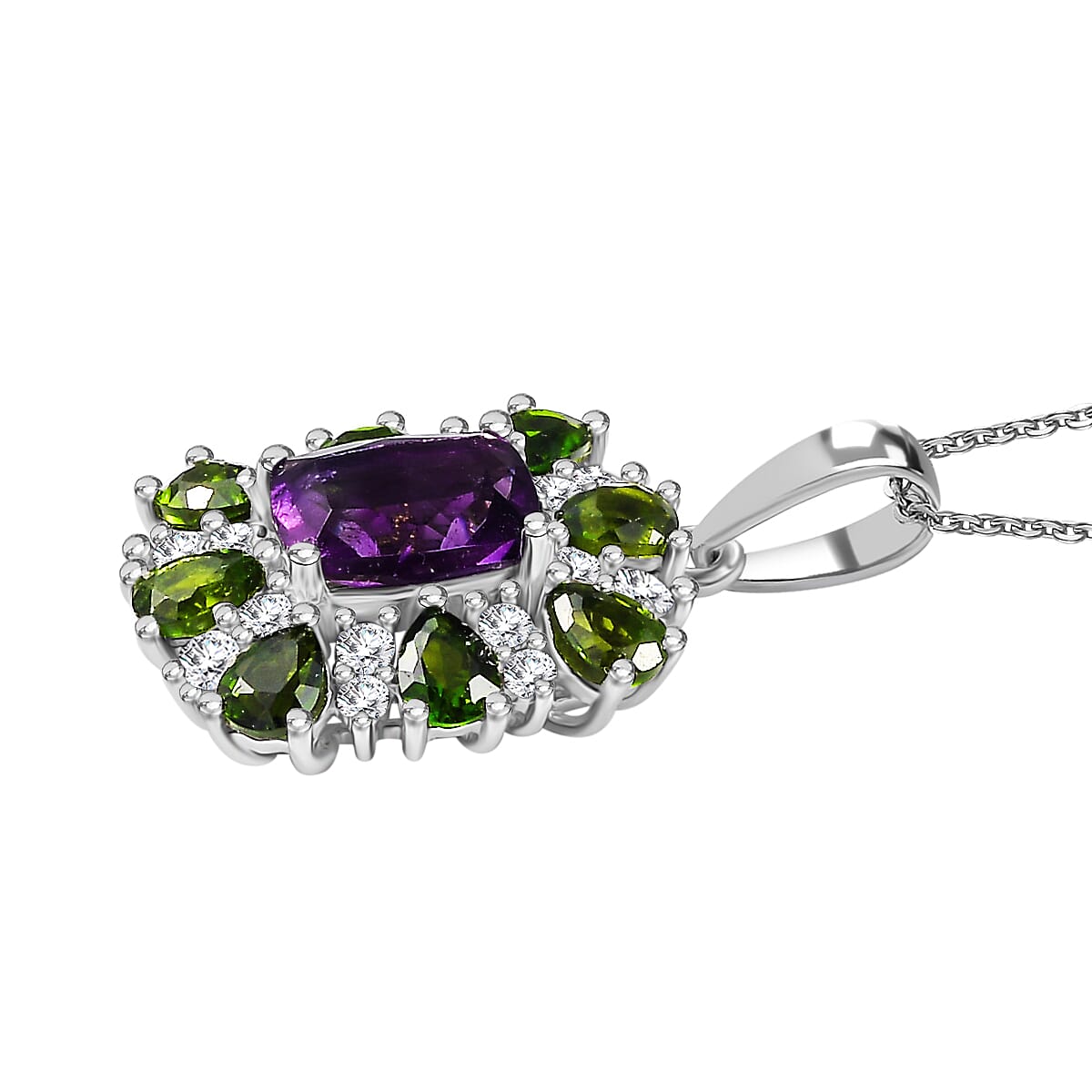 African Amethyst, Natural Chrome Diopside & White Zircon Pendant with Chain (Size 20) in Rhodium Overlay Sterling Silver 3.49 Ct.