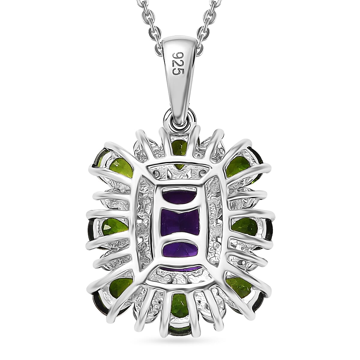 African Amethyst, Natural Chrome Diopside & White Zircon Pendant with Chain (Size 20) in Rhodium Overlay Sterling Silver 3.49 Ct.