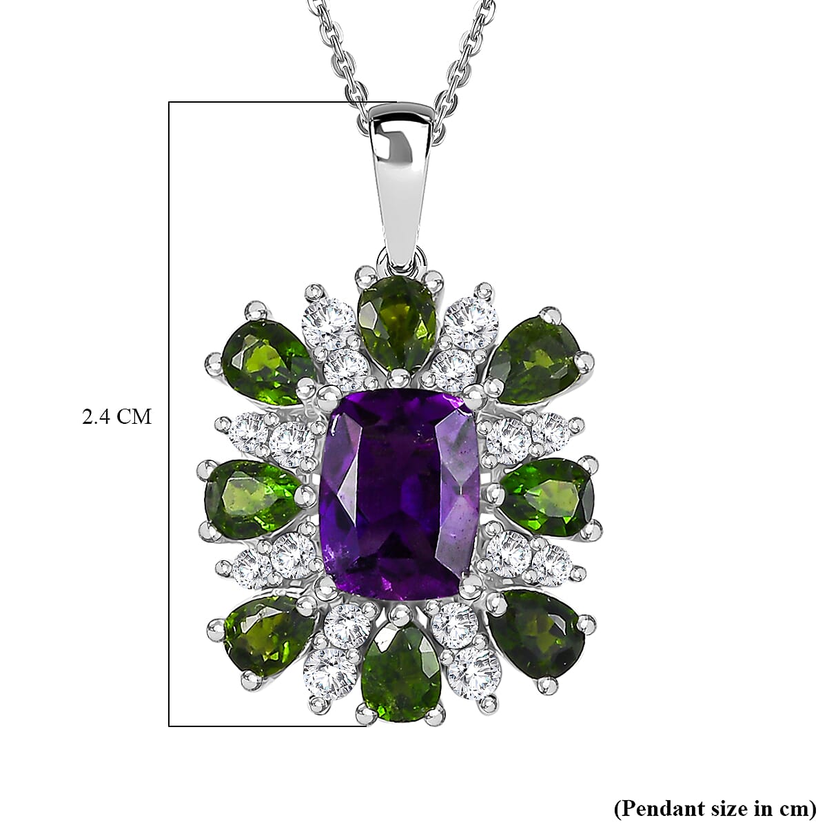 African Amethyst, Natural Chrome Diopside & White Zircon Pendant with Chain (Size 20) in Rhodium Overlay Sterling Silver 3.49 Ct.