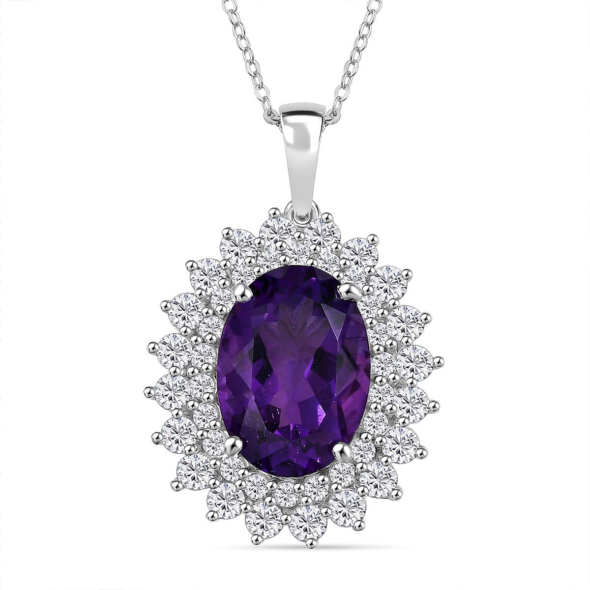 AAA African Amethyst & White Zircon Halo Pendant with Chain (Size - 20) in Rhodium Overlay Sterling Silver 8.80 Ct
