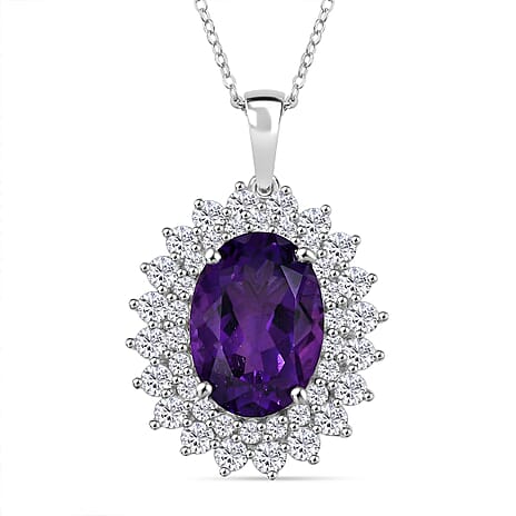 AAA African Amethyst & White Zircon Halo Pendant with Chain (Size - 20) in Rhodium Overlay Sterling Silver 8.80 Ct