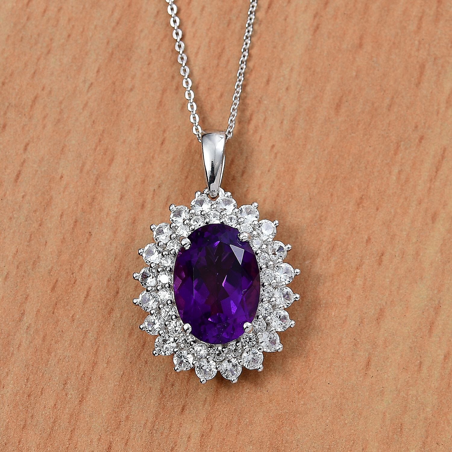 AAA African Amethyst & White Zircon Halo Pendant with Chain (Size - 20) in Rhodium Overlay Sterling Silver 8.80 Ct