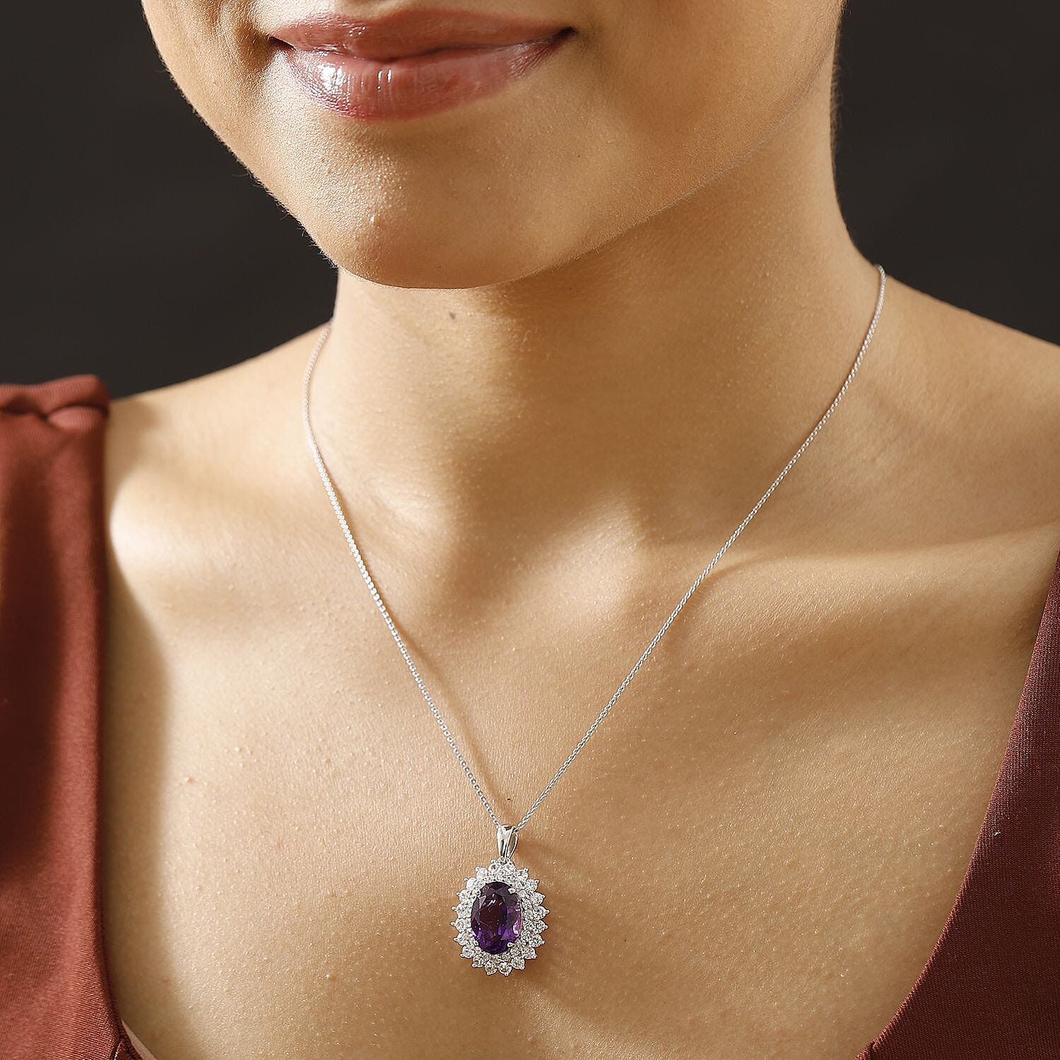 AAA African Amethyst & White Zircon Halo Pendant with Chain (Size - 20) in Rhodium Overlay Sterling Silver 8.80 Ct