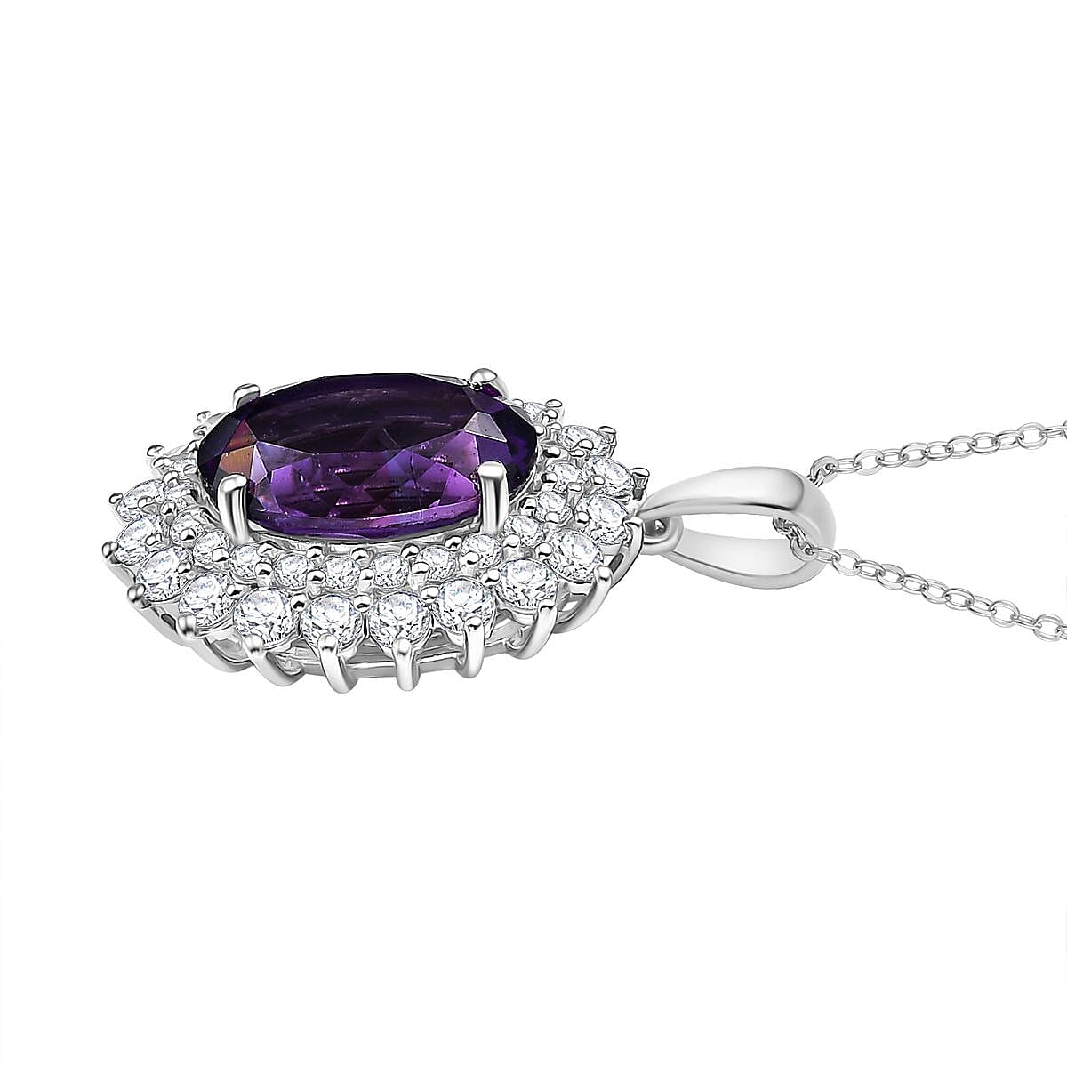 AAA African Amethyst & White Zircon Halo Pendant with Chain (Size - 20) in Rhodium Overlay Sterling Silver 8.80 Ct