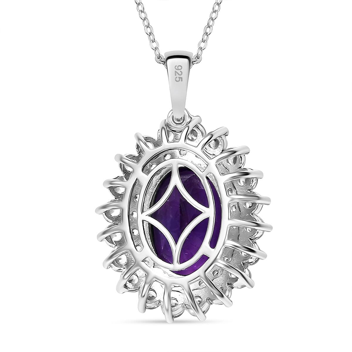 AAA African Amethyst & White Zircon Halo Pendant with Chain (Size - 20) in Rhodium Overlay Sterling Silver 8.80 Ct
