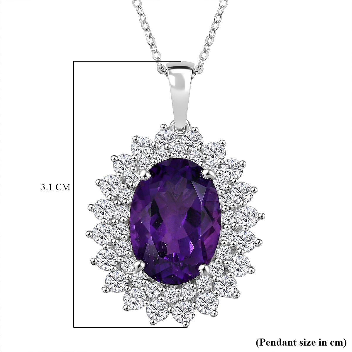 AAA African Amethyst & White Zircon Halo Pendant with Chain (Size - 20) in Rhodium Overlay Sterling Silver 8.80 Ct