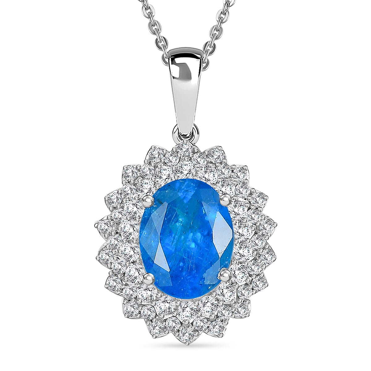 THE ELECTRIC JEWEL - Premium Neon Apatite & White Zircon Pendant with Chain (Size - 20) in Rhodium Overlay Sterling Silver 1.78 Ct.