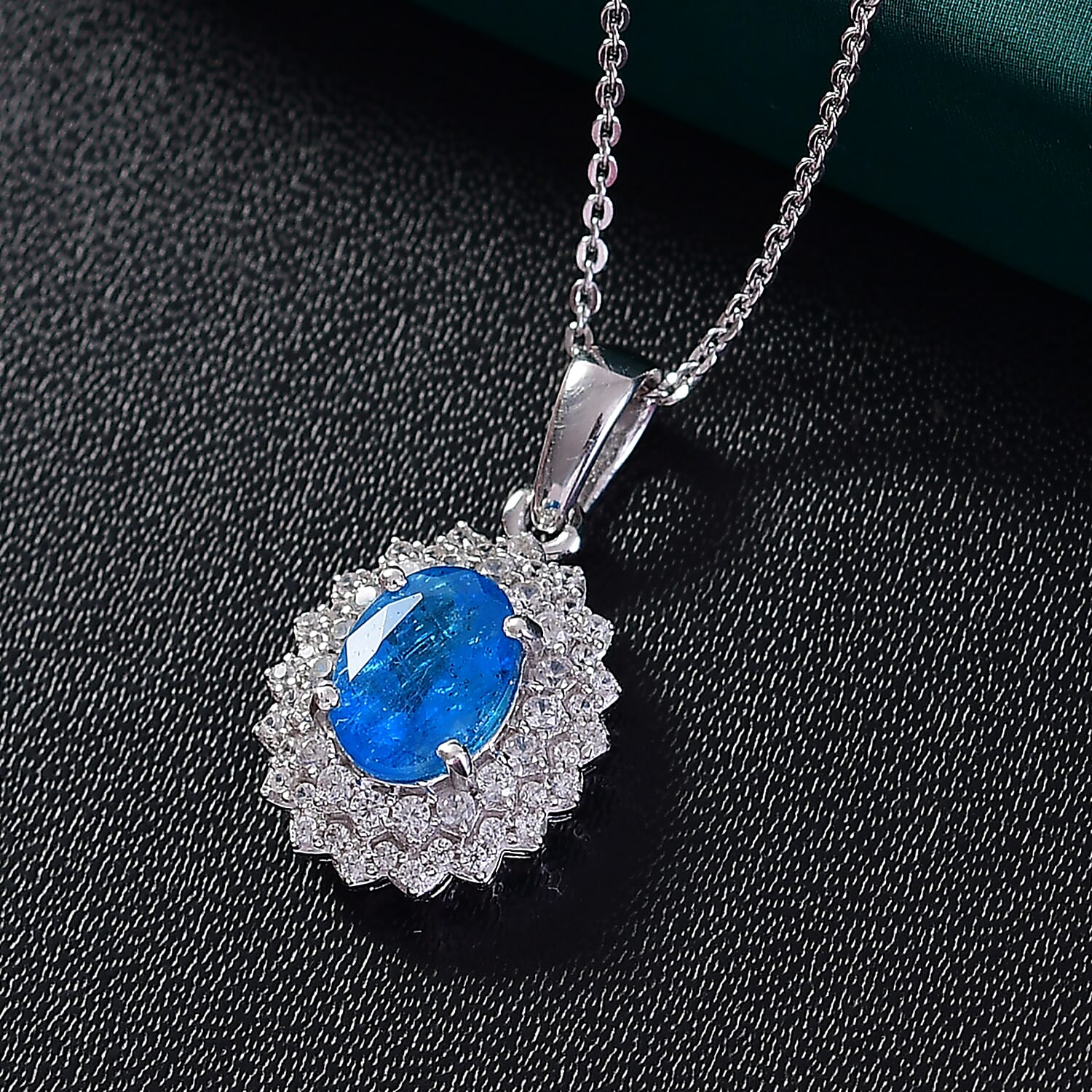 THE ELECTRIC JEWEL - Premium Neon Apatite & White Zircon Pendant with Chain (Size - 20) in Rhodium Overlay Sterling Silver 1.78 Ct.