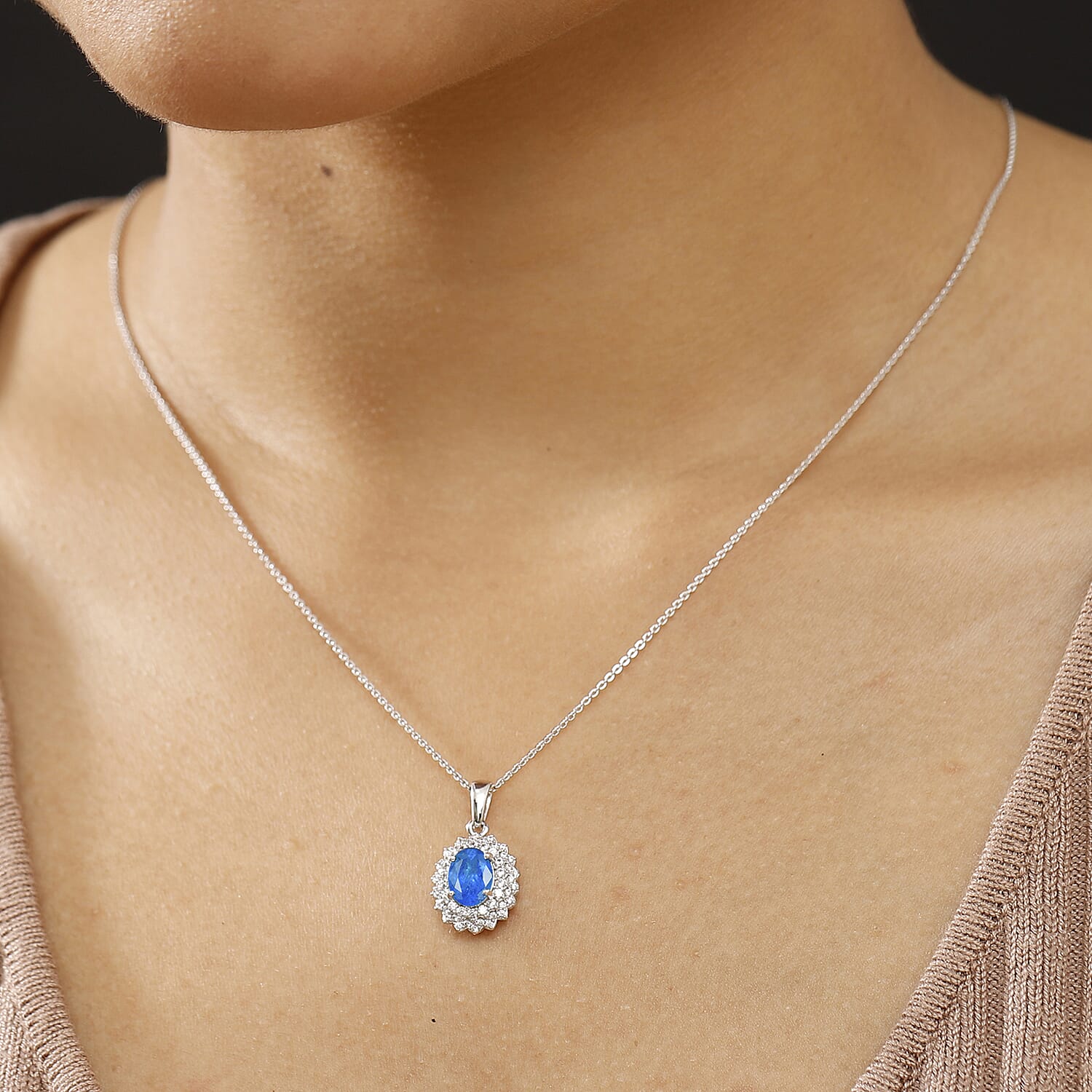 THE ELECTRIC JEWEL - Premium Neon Apatite & White Zircon Pendant with Chain (Size - 20) in Rhodium Overlay Sterling Silver 1.78 Ct.