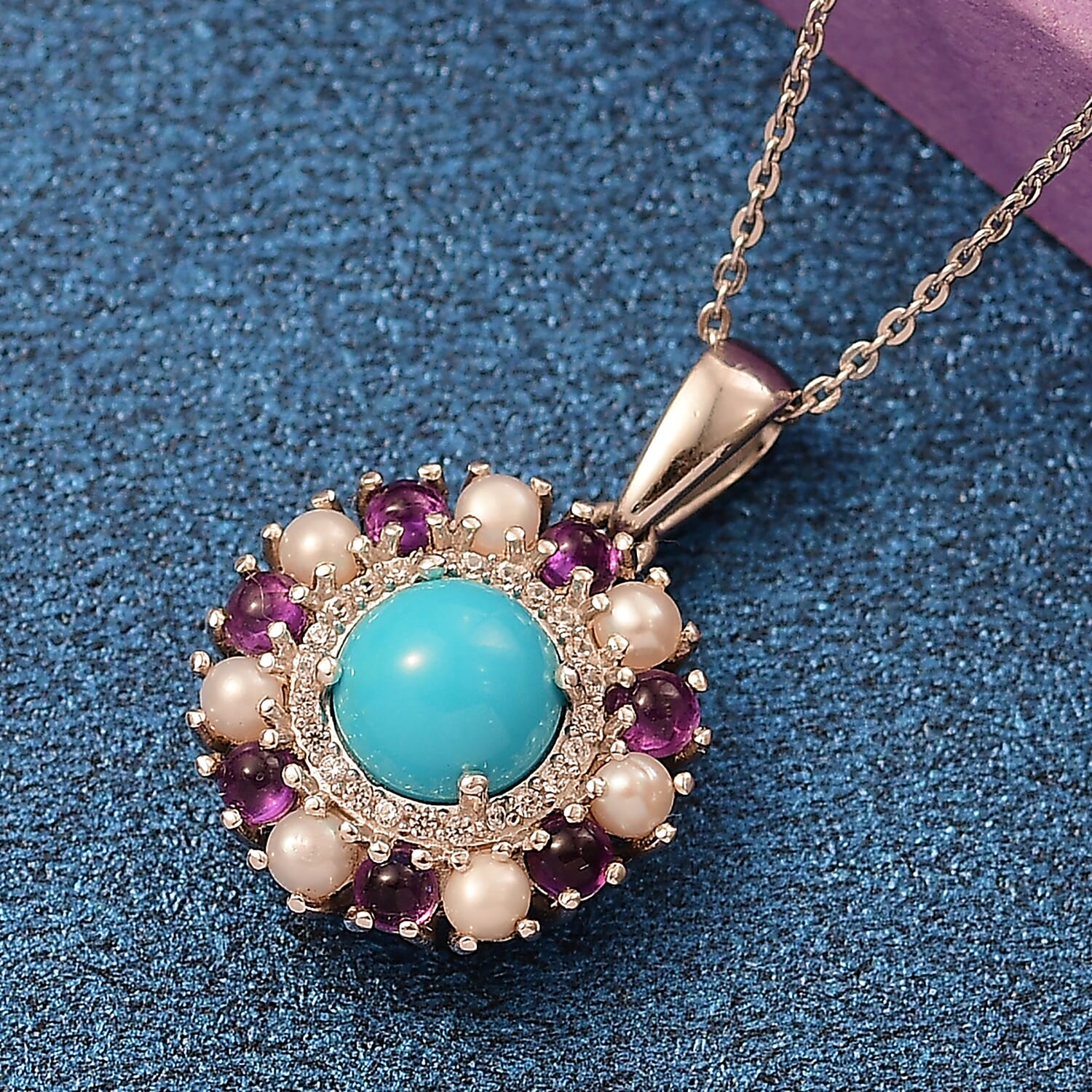 D'joy The REGAL Sleeping Beauty Turquoise with Pearls and Amethyst Pendant with Chain (Size - 20) in Rhodium Overlay Sterling Silver 2.65 Ct.
