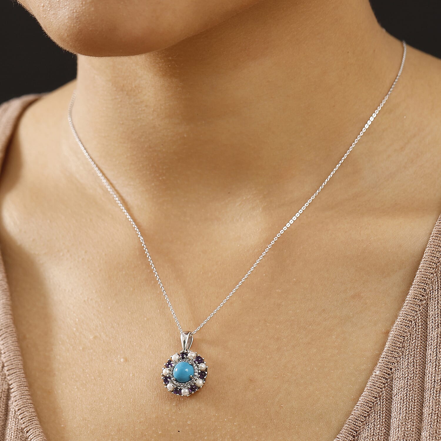 D'joy The REGAL Sleeping Beauty Turquoise with Pearls and Amethyst Pendant with Chain (Size - 20) in Rhodium Overlay Sterling Silver 2.65 Ct.