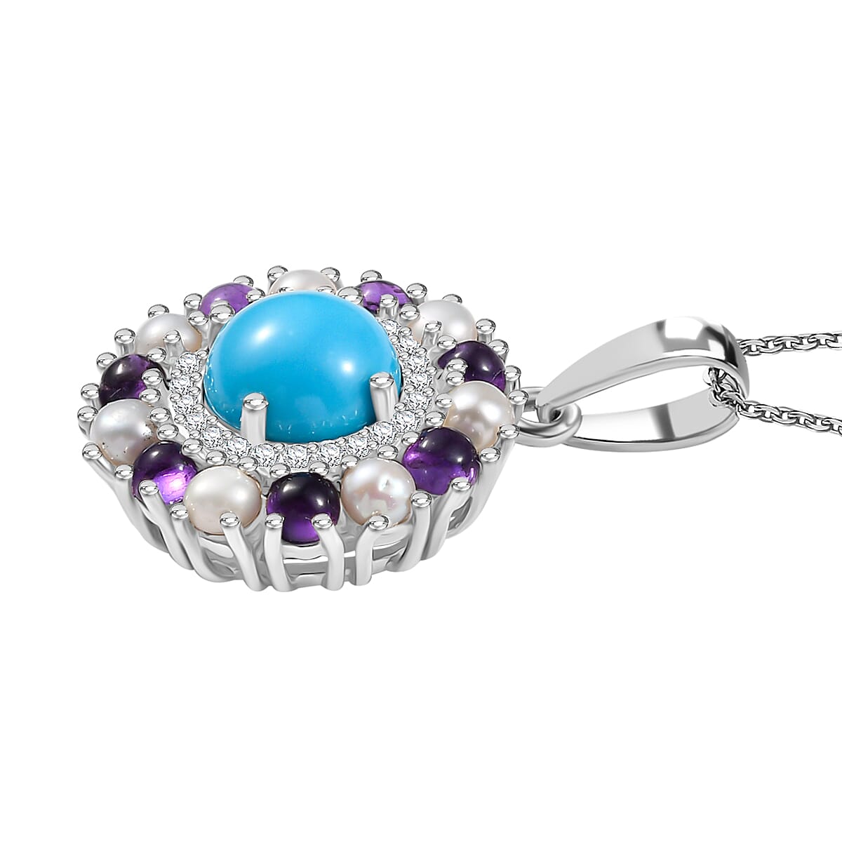 D'joy The REGAL Sleeping Beauty Turquoise with Pearls and Amethyst Pendant with Chain (Size - 20) in Rhodium Overlay Sterling Silver 2.65 Ct.