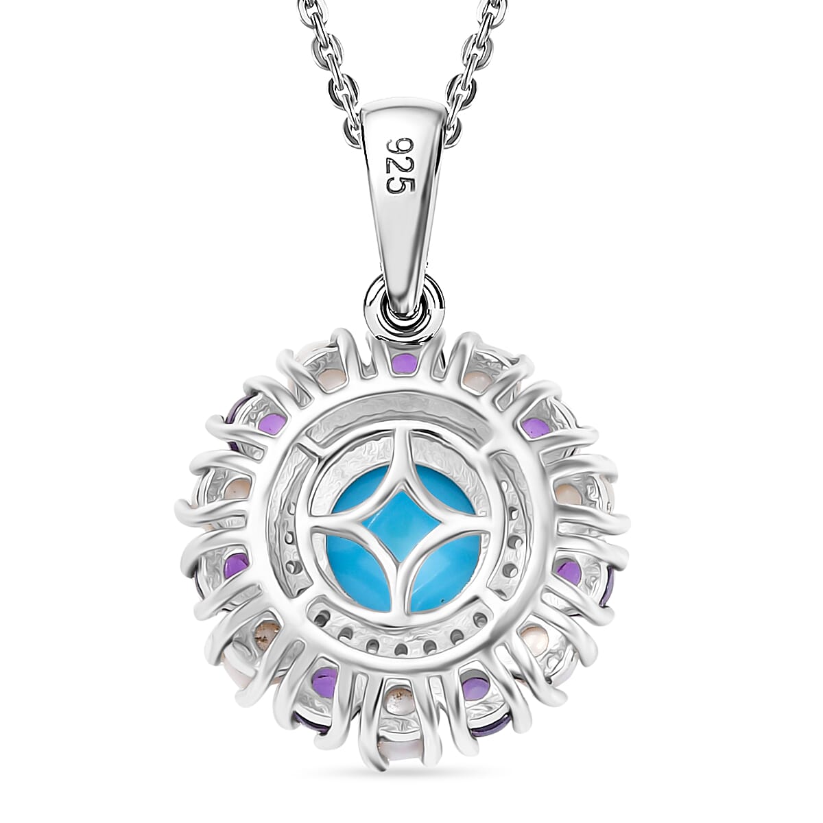 D'joy The REGAL Sleeping Beauty Turquoise with Pearls and Amethyst Pendant with Chain (Size - 20) in Rhodium Overlay Sterling Silver 2.65 Ct.