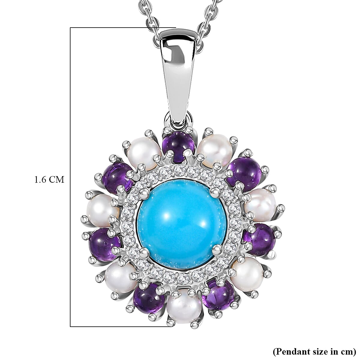 D'joy The REGAL Sleeping Beauty Turquoise with Pearls and Amethyst Pendant with Chain (Size - 20) in Rhodium Overlay Sterling Silver 2.65 Ct.