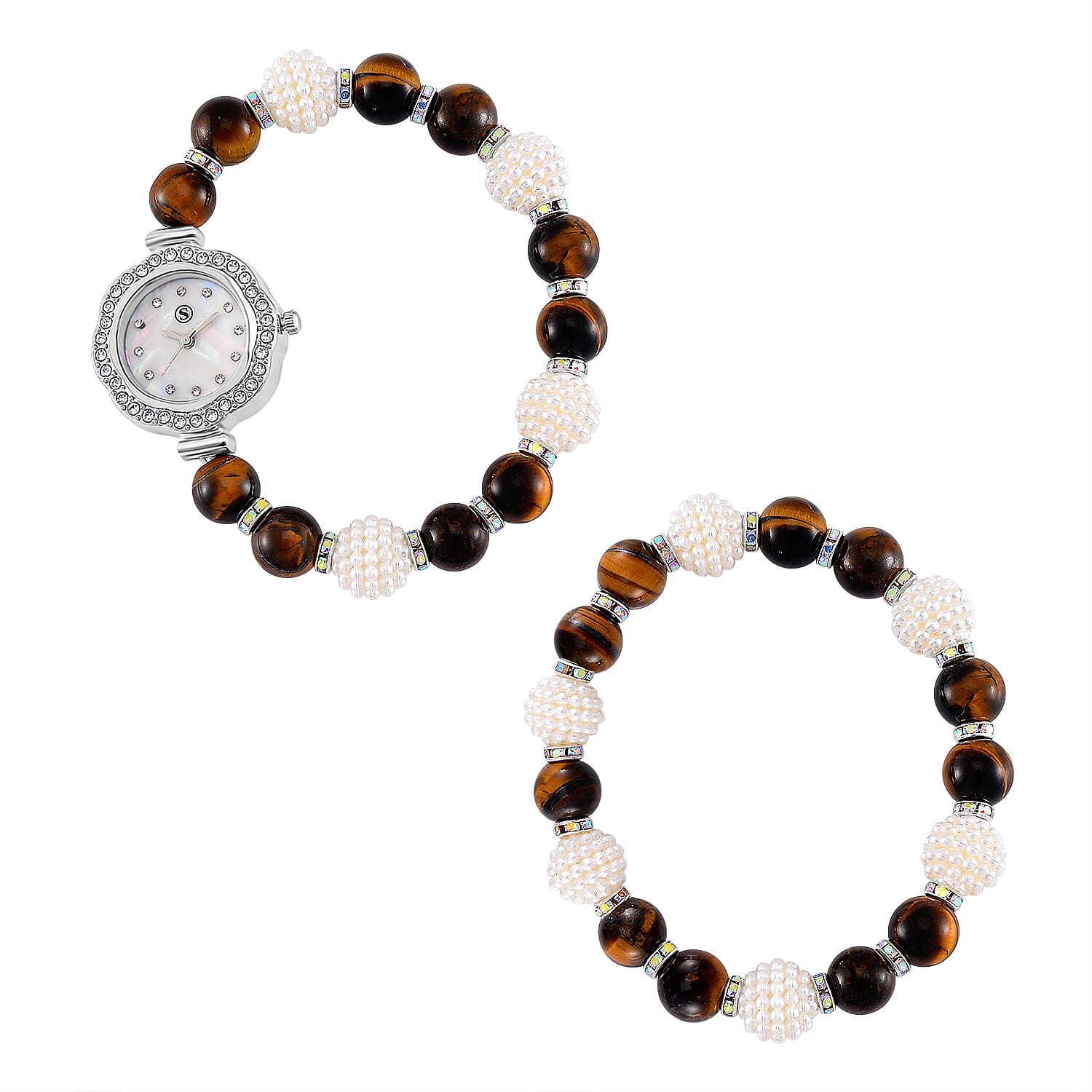 2 Piece Set -  Yellow Tigers Eye,  Resin,  Austrian White Crystal Stone Bracelet and Watch 24.03ct  24.030  Ct.