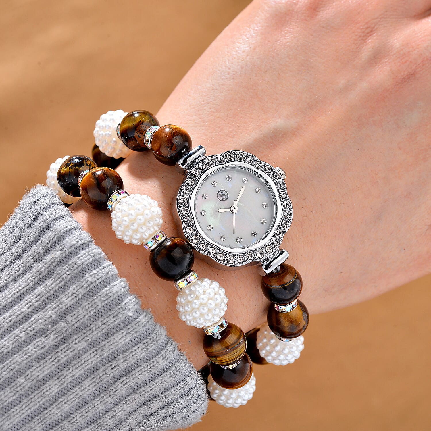 2 Piece Set -  Yellow Tigers Eye,  Resin,  Austrian White Crystal Stone Bracelet and Watch 24.03ct  24.030  Ct.