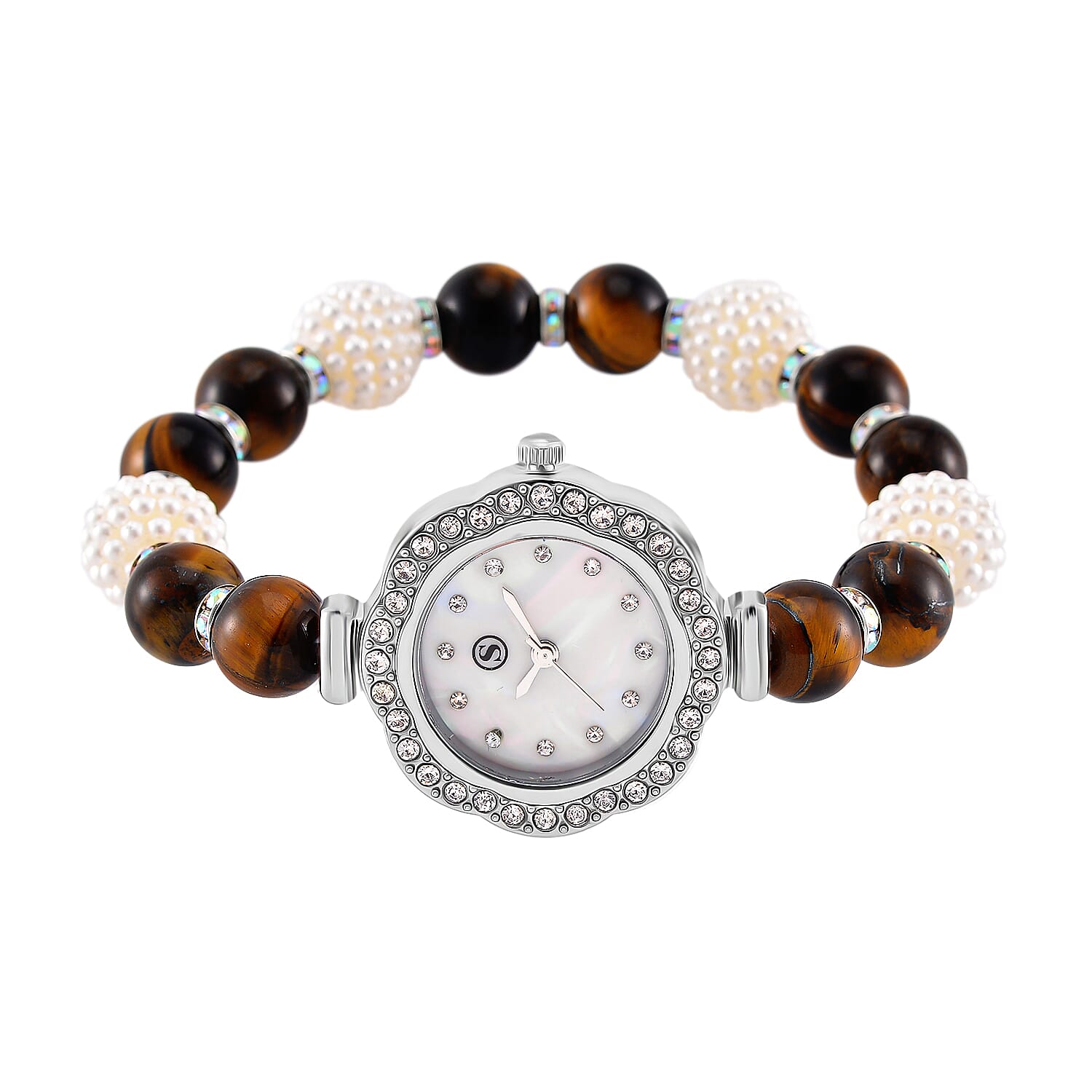 2 Piece Set -  Yellow Tigers Eye,  Resin,  Austrian White Crystal Stone Bracelet and Watch 24.03ct  24.030  Ct.