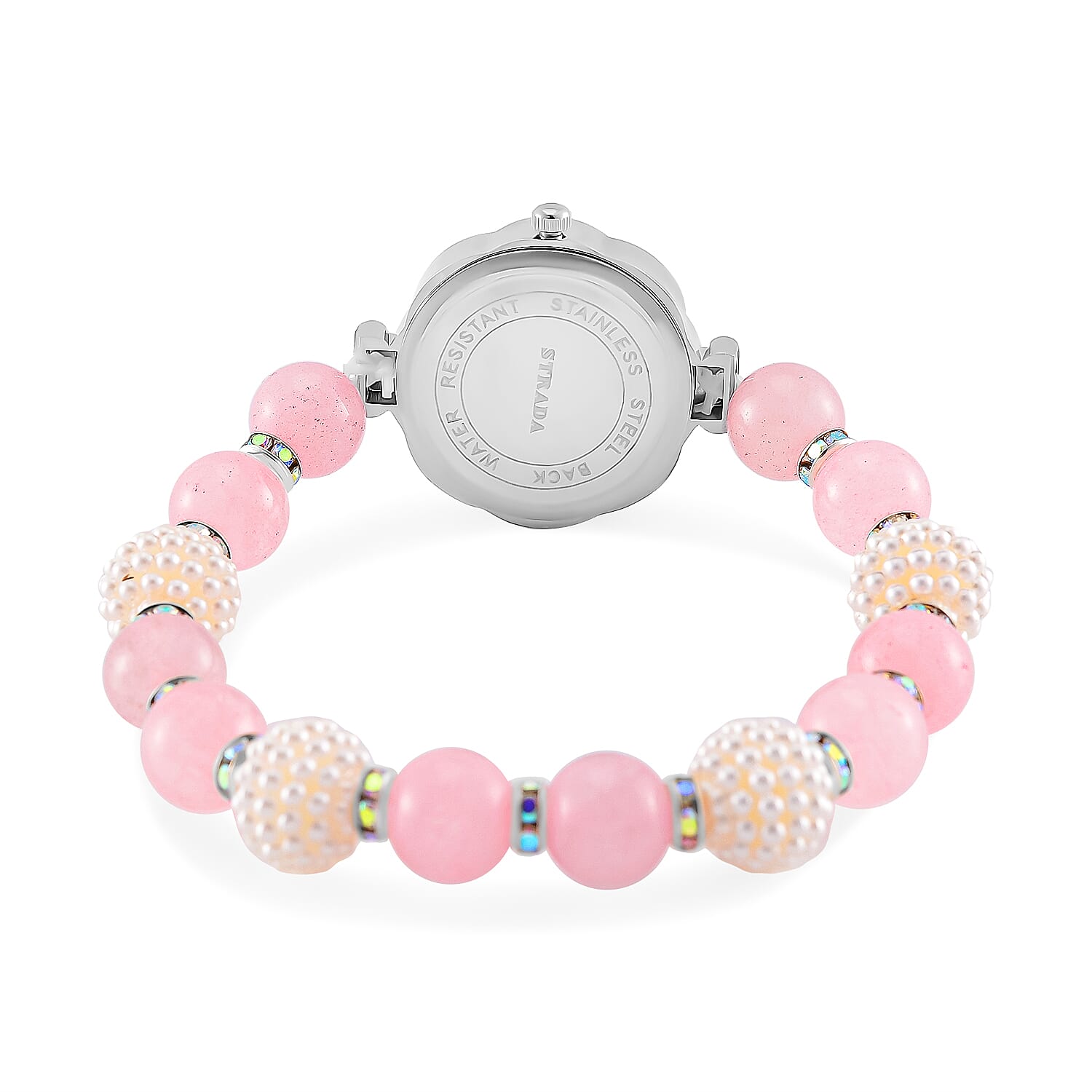 2 Piece Set - STRADA Japanese Movt. Watch with Rose Quartz, Resin & Austrian White Crystal Stone Beaded Elastic Strap and Matching Bracelet Set 2 Piece Set - STRADA Japanese Movt. Watch with Rose Quartz, Resin & Austrian White Crystal Stone Beaded Elastic Strap and Matching Bracelet Set