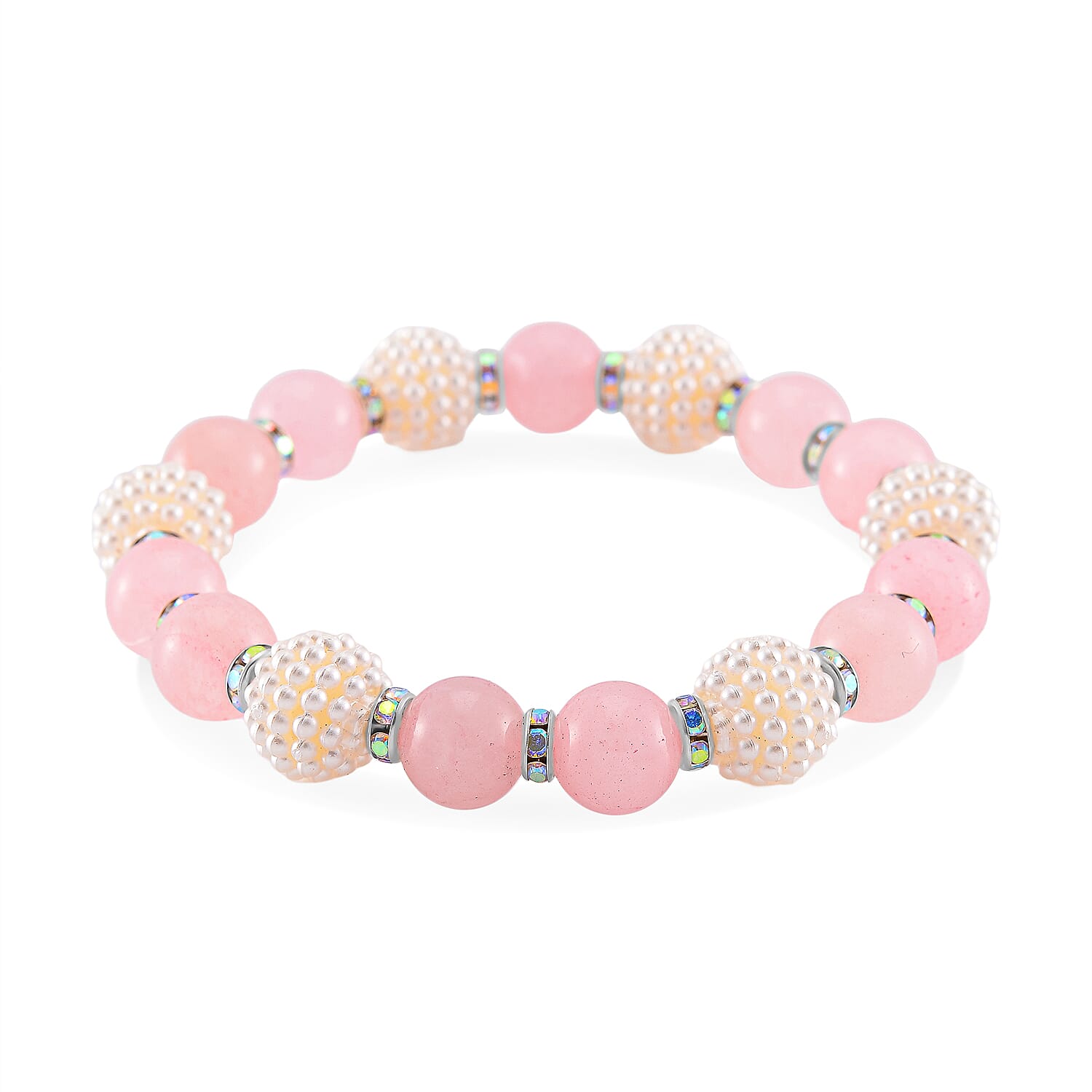 2 Piece Set - STRADA Japanese Movt. Watch with Rose Quartz, Resin & Austrian White Crystal Stone Beaded Elastic Strap and Matching Bracelet Set 2 Piece Set - STRADA Japanese Movt. Watch with Rose Quartz, Resin & Austrian White Crystal Stone Beaded Elastic Strap and Matching Bracelet Set