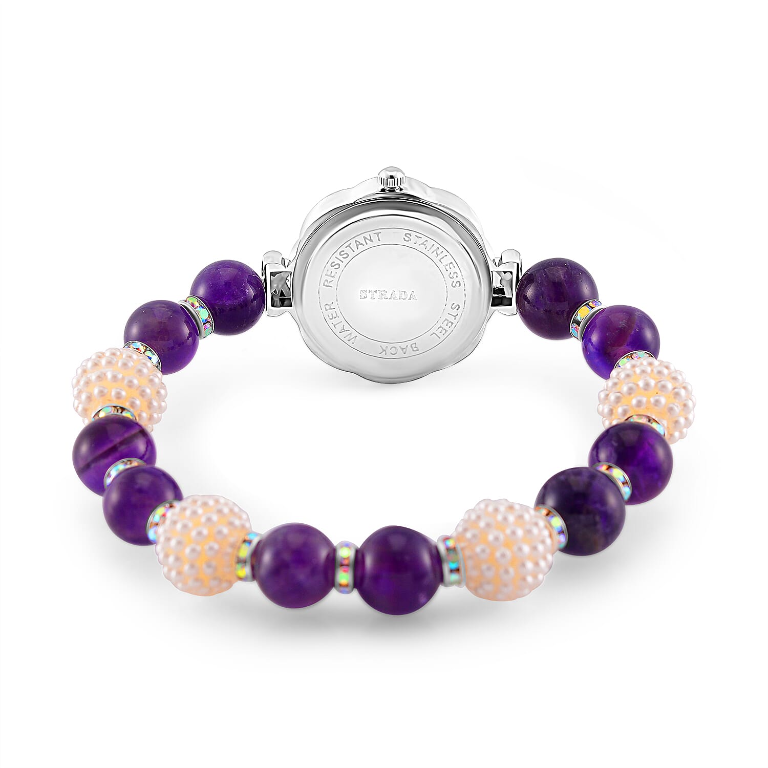 2 Piece Set - STRADA Japanese Movt. Water Resistant Watch with African Amethyst & White Resin Beaded Elastic Strap with Matching Bracelet Set 2 Piece Set - STRADA Japanese Movt. Water Resistant Watch with African Amethyst & White Resin Beaded Elastic Strap with Matching Bracelet Set