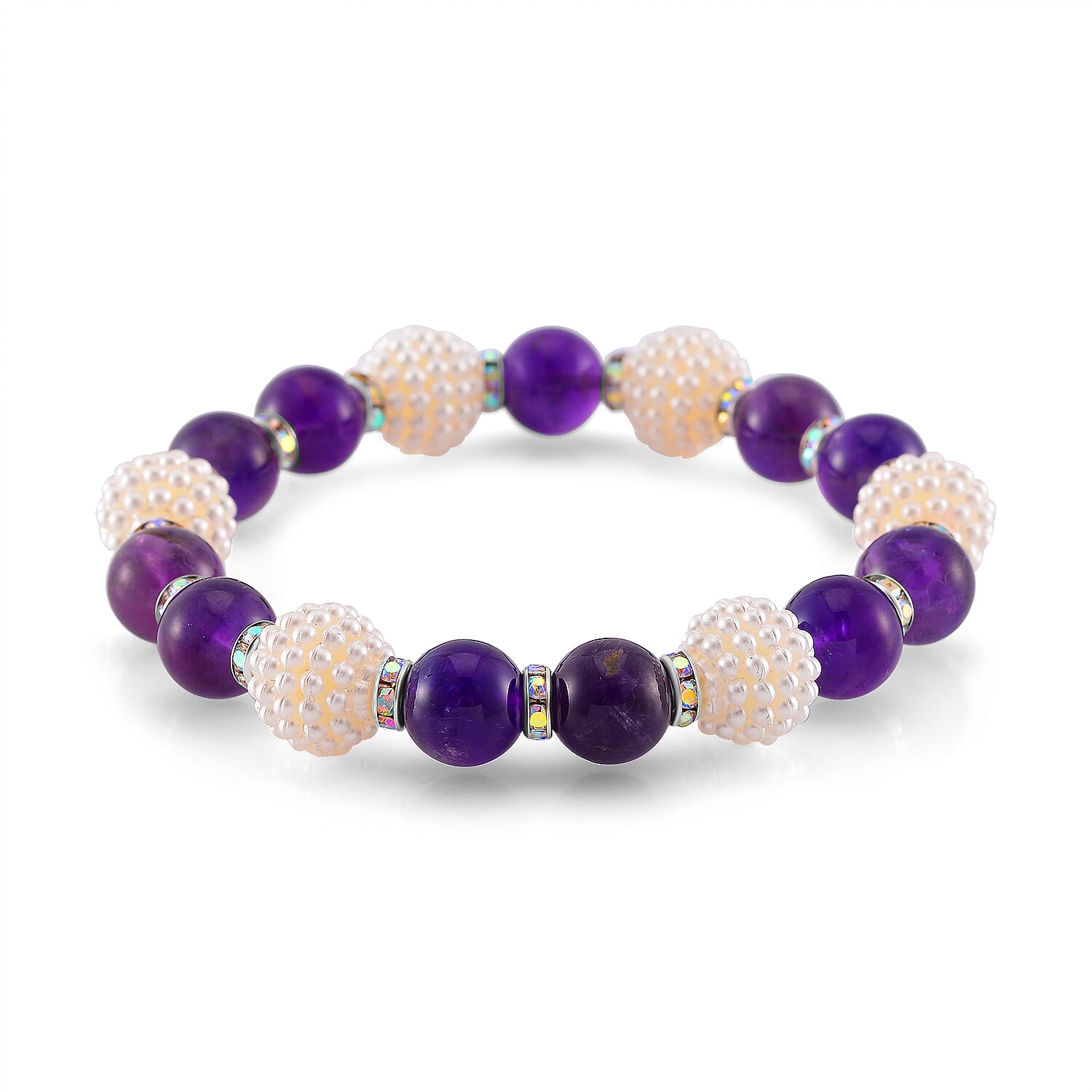 2 Piece Set - STRADA Japanese Movt. Water Resistant Watch with African Amethyst & White Resin Beaded Elastic Strap with Matching Bracelet Set 2 Piece Set - STRADA Japanese Movt. Water Resistant Watch with African Amethyst & White Resin Beaded Elastic Strap with Matching Bracelet Set