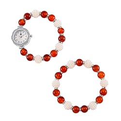 2 Piece Set -  Yellow Tigers Eye,  Resin,  Austrian White Crystal Stone Bracelet and Watch 24.03ct  24.030  Ct.