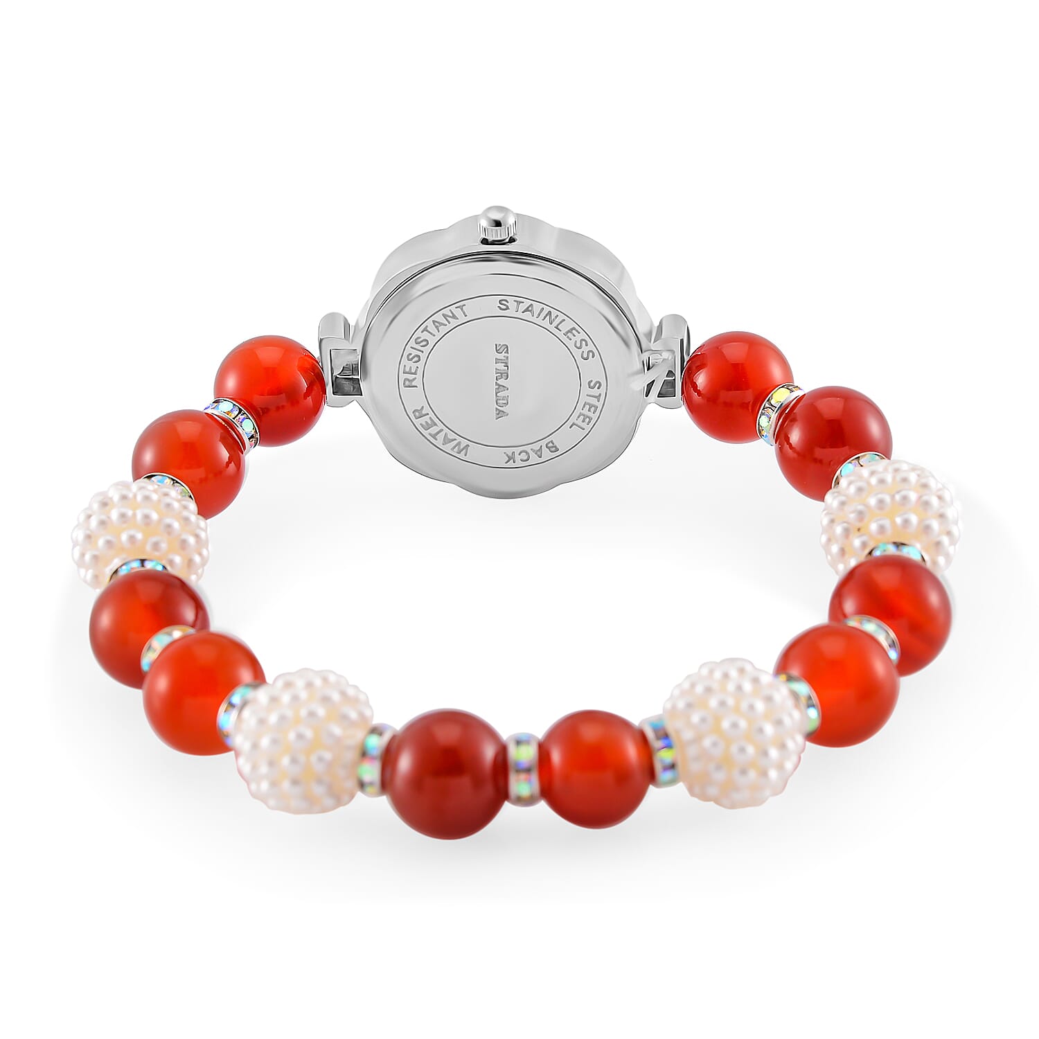 2 Piece Set - STRADA Japanese Movt. Water Resistant Watch with Carnelian, Resin & Austrian White Crystal Stone Beaded Elastic Strap with Matching Bracelet Set 2 Piece Set - STRADA Japanese Movt. Water Resistant Watch with Carnelian, Resin & Austrian White Crystal Stone Beaded Elastic Strap with Matching Bracelet Set