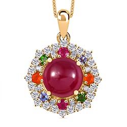 African Ruby, Multi Gemstones Halo Pendant with Chain (Size - 20) in 18K Vermeil Yellow Gold Plated Sterling Silver 10.95 Ct.