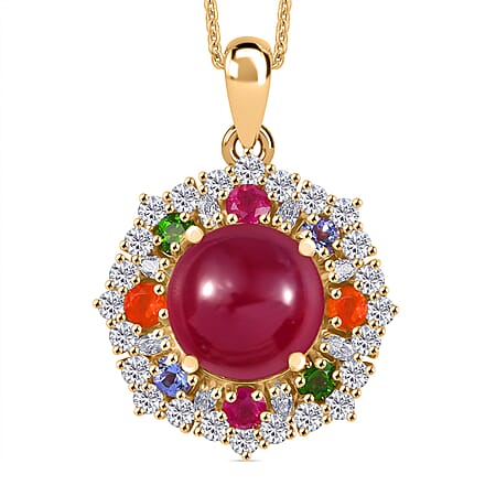 African Ruby, Multi Gemstones Halo Pendant with Chain (Size - 20) in 18K Vermeil Yellow Gold Plated Sterling Silver 10.95 Ct.