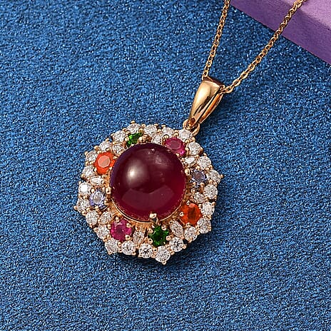 African Ruby & Multi Gemstones Pendant with Chain (Size - 20) in 18K Vermeil Yellow Gold Plated Sterling Silver 10.95 Ct.