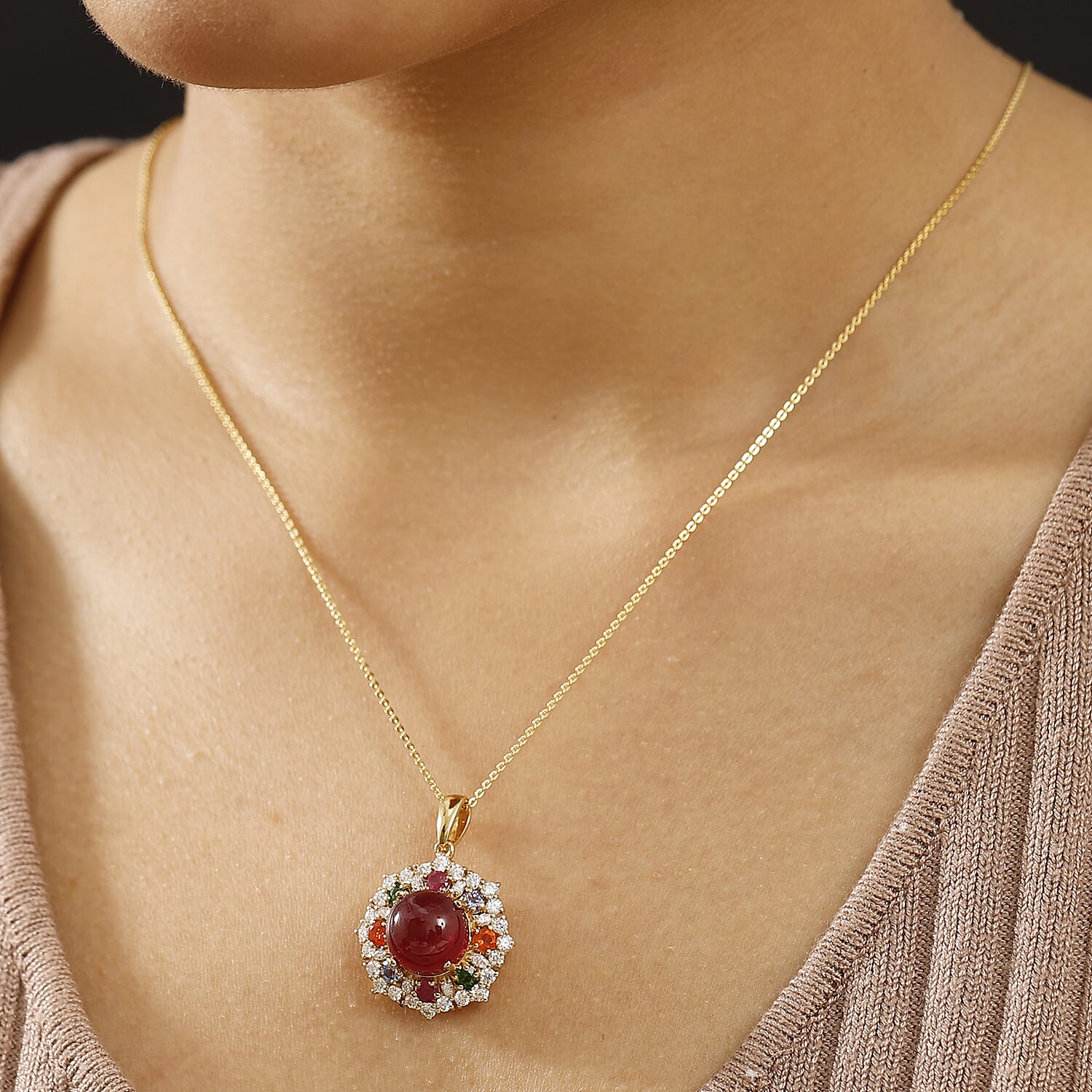 African Ruby & Multi Gemstones Pendant with Chain (Size - 20) in 18K Vermeil Yellow Gold Plated Sterling Silver 10.95 Ct.