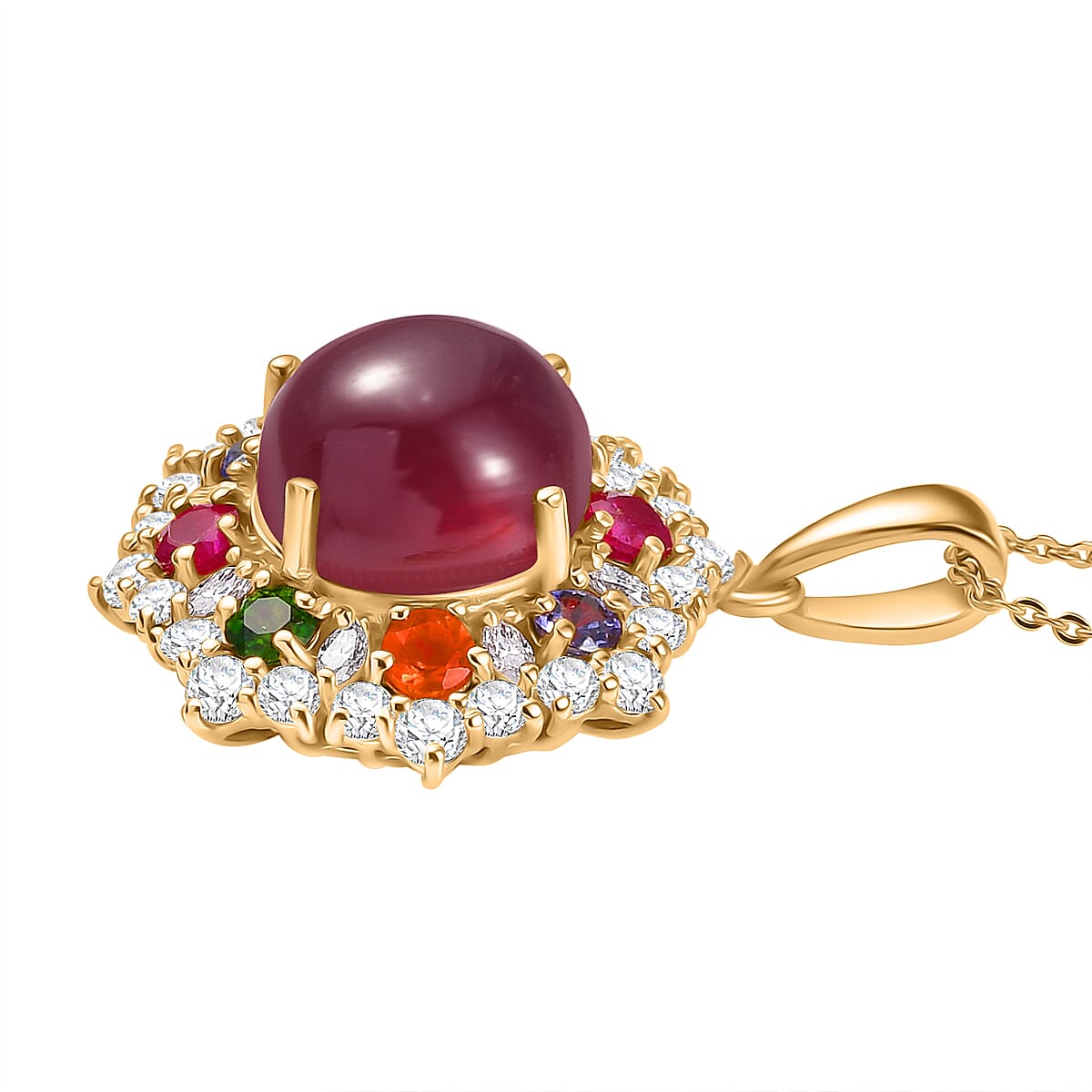 African Ruby & Multi Gemstones Pendant with Chain (Size - 20) in 18K Vermeil Yellow Gold Plated Sterling Silver 10.95 Ct.