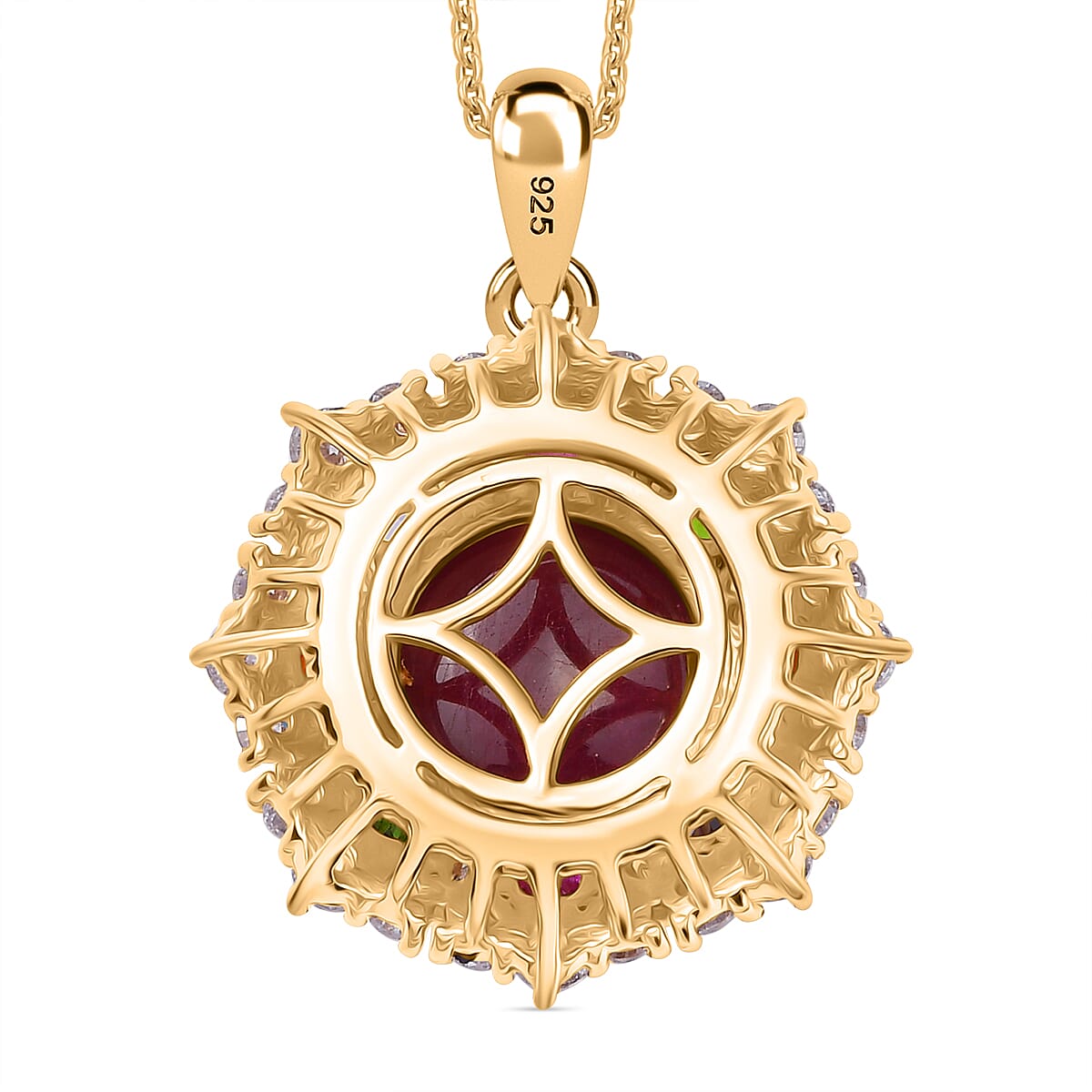 African Ruby & Multi Gemstones Pendant with Chain (Size - 20) in 18K Vermeil Yellow Gold Plated Sterling Silver 10.95 Ct.