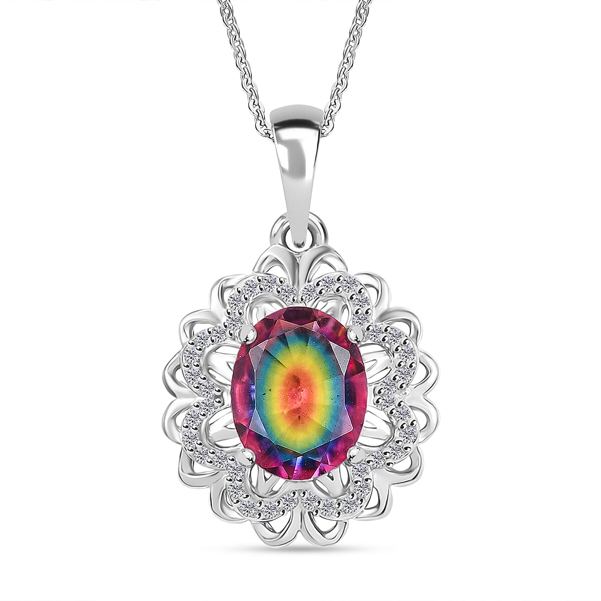 Galaxy Glow Nebula Quartz & White Zircon Pendant with Chain (Size 20) in Rhodium Overlay Sterling Silver 2.38 Ct.