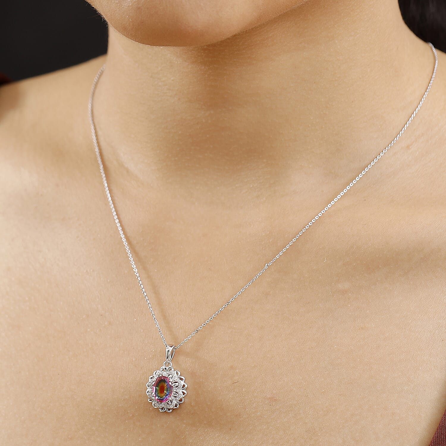 Galaxy Glow Nebula Quartz & White Zircon Pendant with Chain (Size 20) in Rhodium Overlay Sterling Silver 2.38 Ct.
