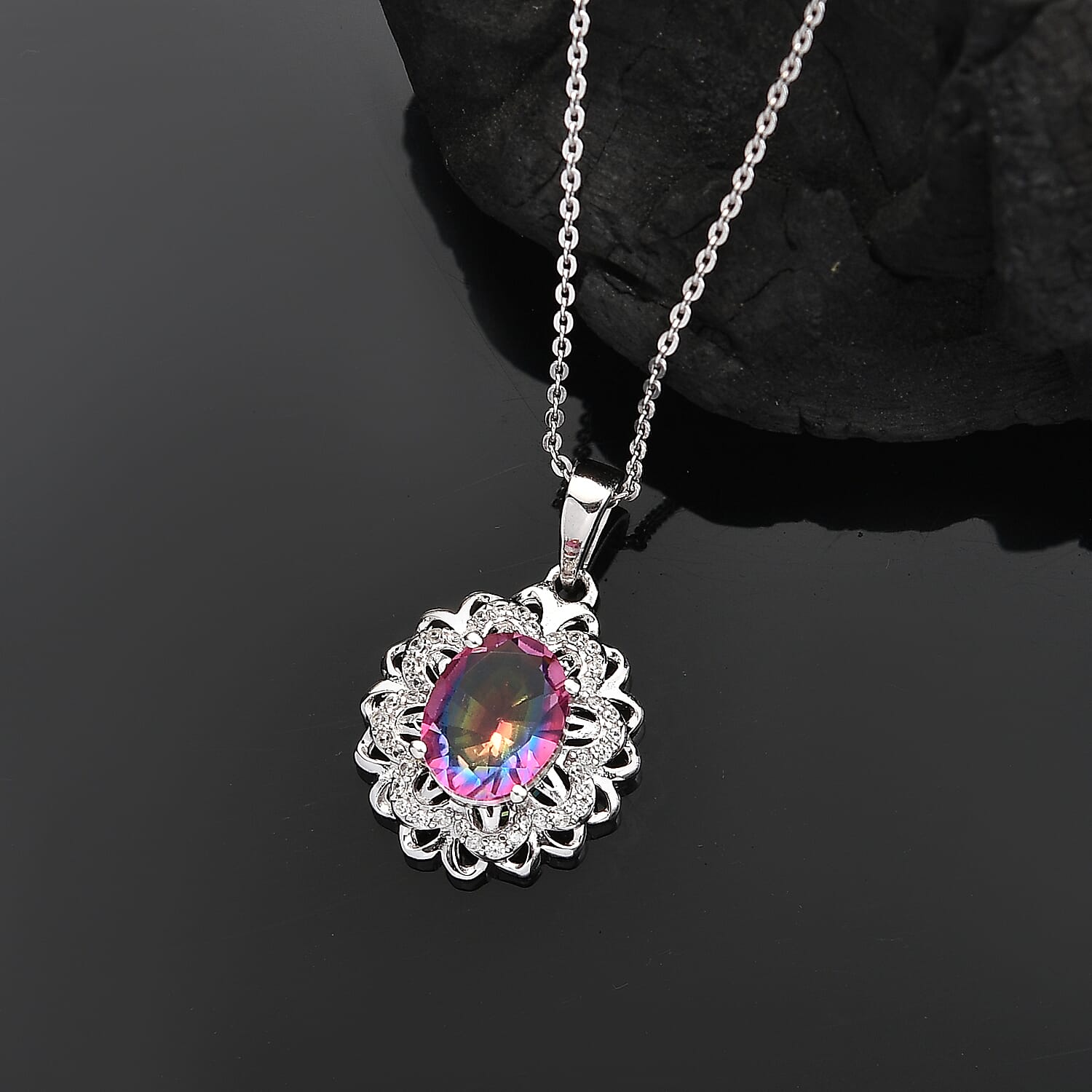 Galaxy Glow Nebula Quartz & White Zircon Pendant with Chain (Size 20) in Rhodium Overlay Sterling Silver 2.38 Ct.