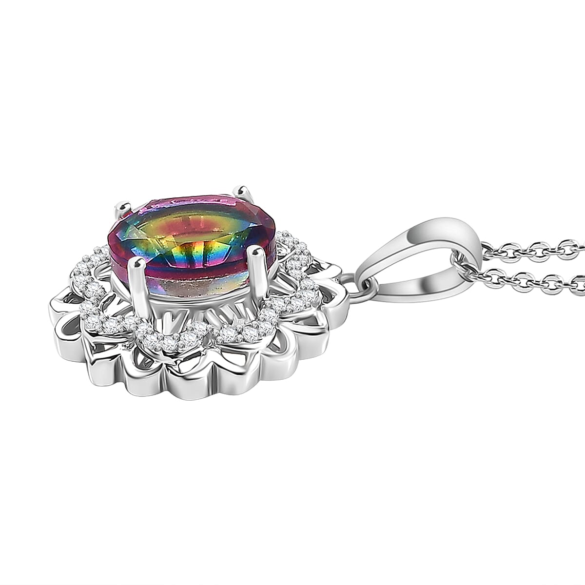 Galaxy Glow Nebula Quartz & White Zircon Pendant with Chain (Size 20) in Rhodium Overlay Sterling Silver 2.38 Ct.