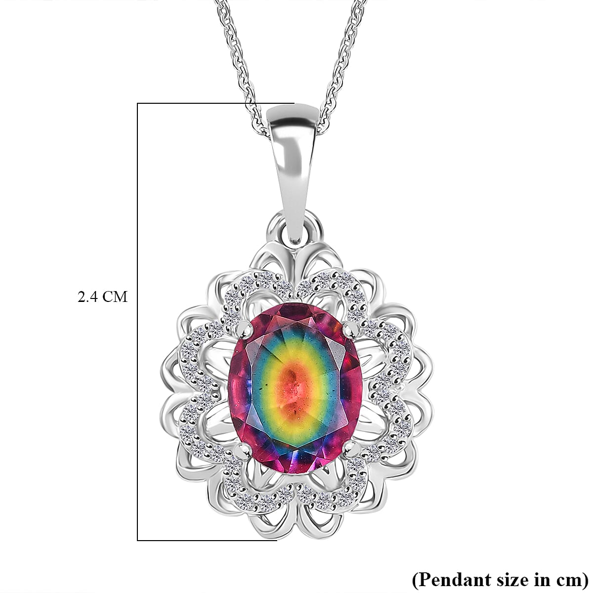 Galaxy Glow Nebula Quartz & White Zircon Pendant with Chain (Size 20) in Rhodium Overlay Sterling Silver 2.38 Ct.