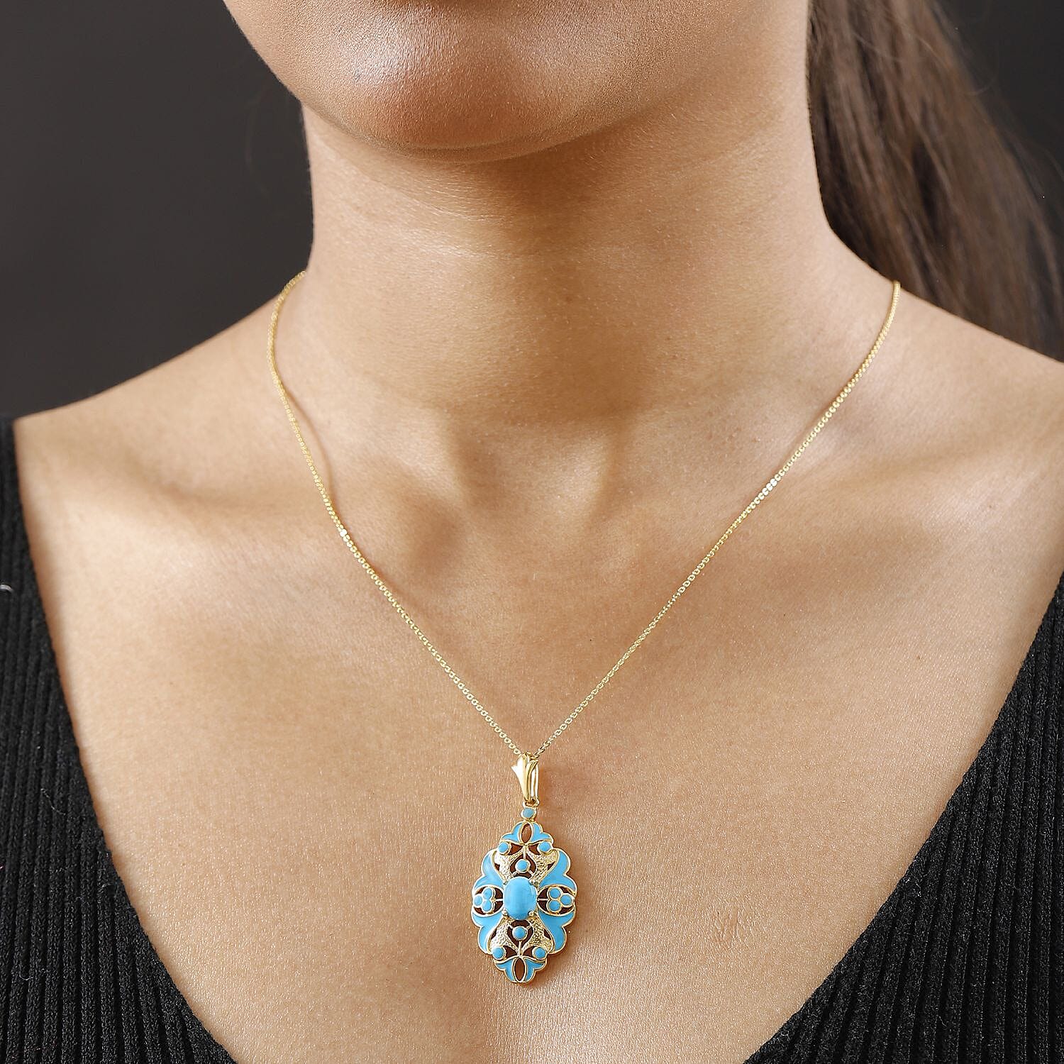 Sleeping Beauty Turquoise Pendant with Chain (Size 20) in 18K Vermeil Yellow Gold Plated Sterling Silver 1.16 Ct.