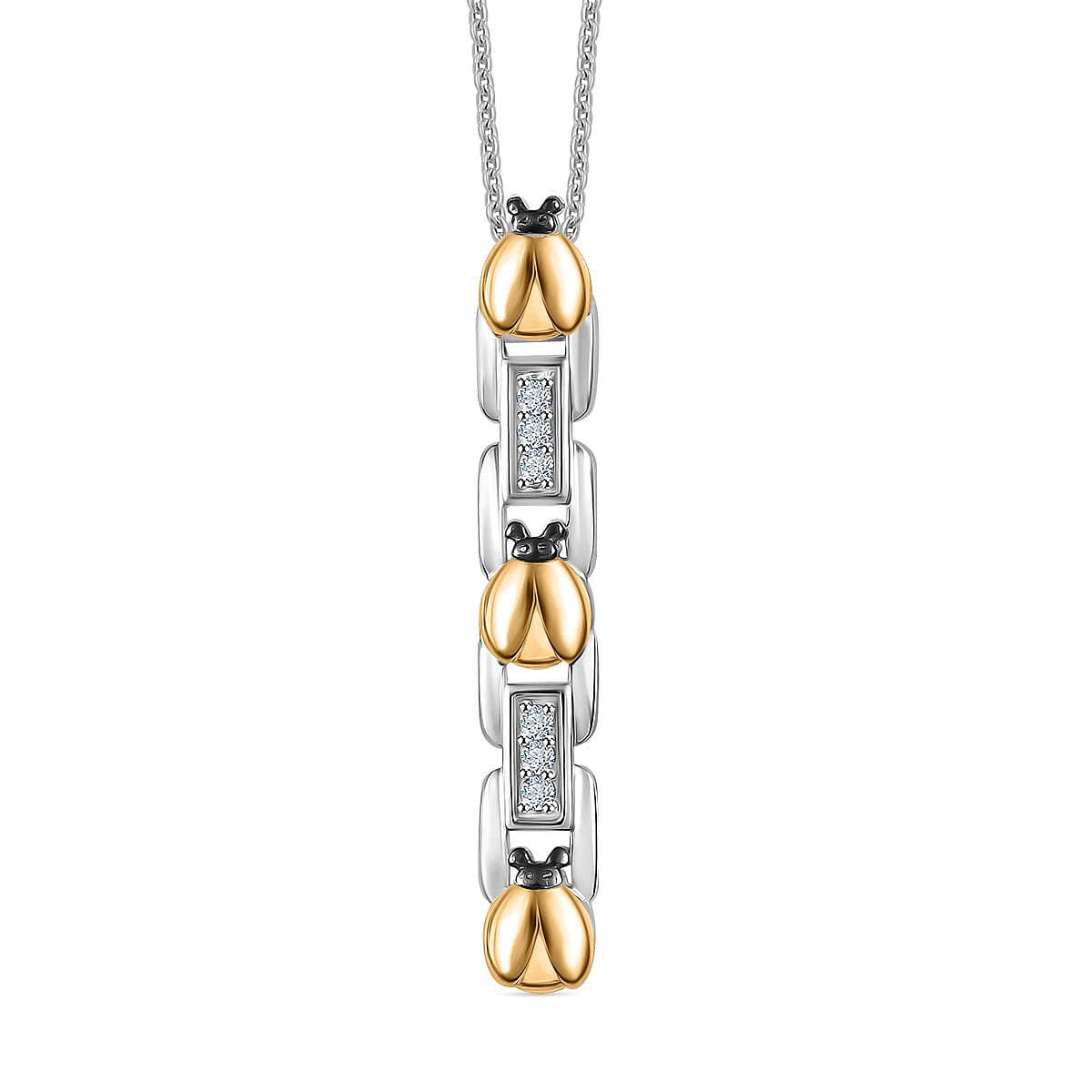 GP Ladybird Collection - White Zircon & Blue Sapphire Pendant with Chain (Size 20) in 18K Vermeil Yellow Gold Plated & Rhodium Overlay Sterling Silver
