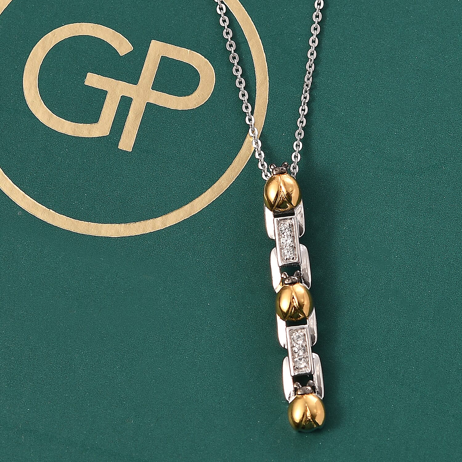 GP Ladybird Collection - White Zircon & Blue Sapphire Pendant with Chain (Size 20) in 18K Vermeil Yellow Gold Plated & Rhodium Overlay Sterling Silver