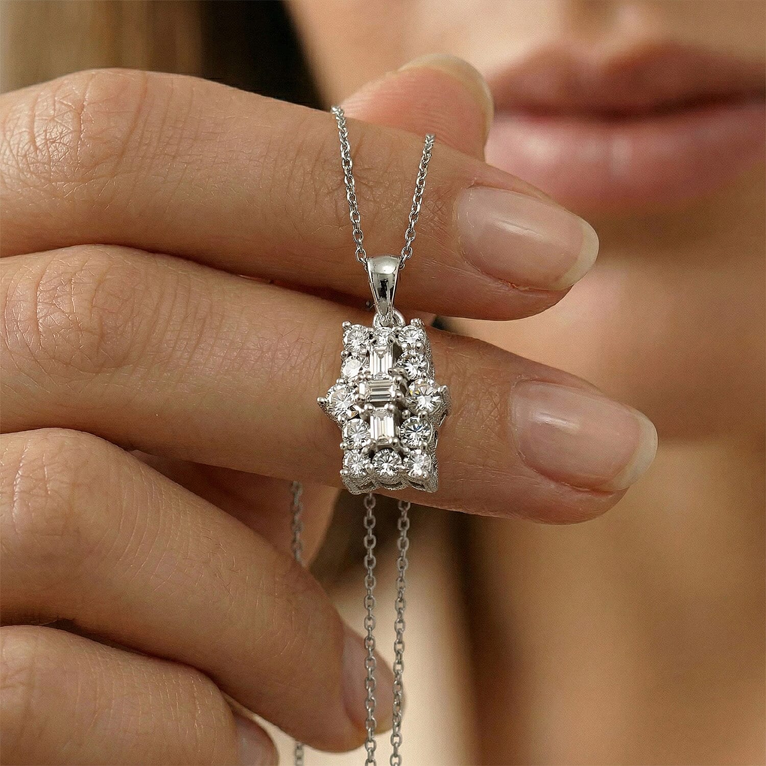 Luxuriant Diamond Lab Grown Diamond (SI-GH) Boat Pendant with Chain (Size - 20) in Rhodium Overlay Sterling Silver
