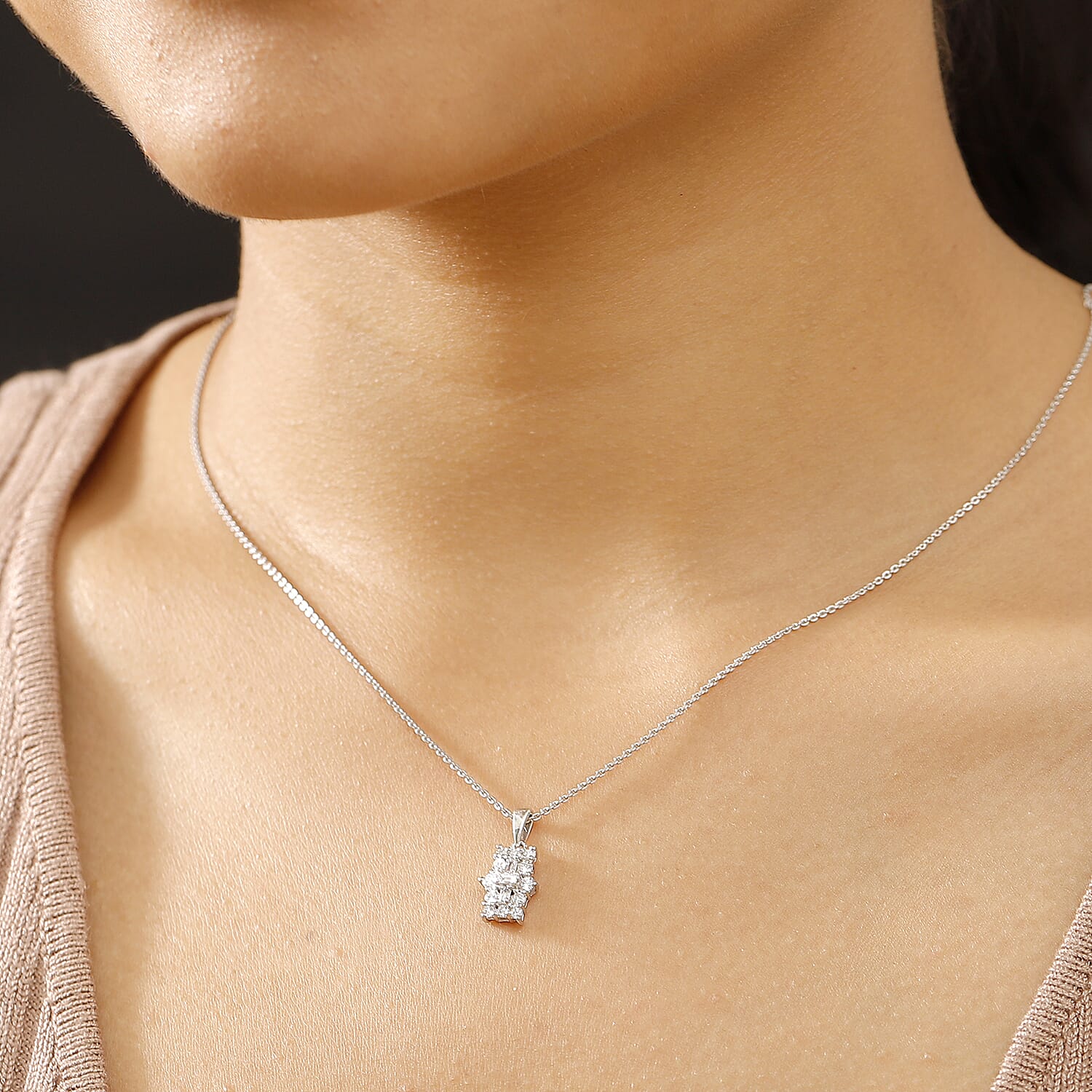 Luxuriant Diamond Lab Grown Diamond (SI-GH) Boat Pendant with Chain (Size - 20) in Rhodium Overlay Sterling Silver