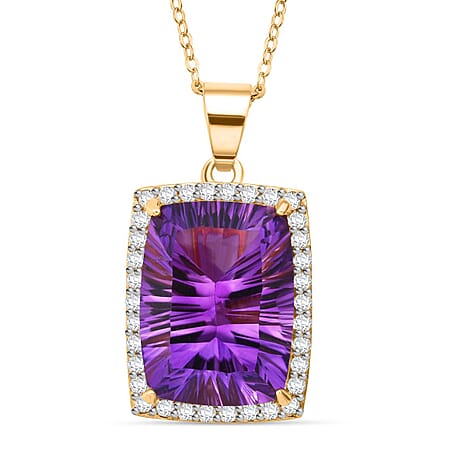 TUCSON FINDS - AAA African Amethyst & White Zircon Pendant with Chain (Size - 20) in 18K Vermeil Yellow Gold Plated Sterling Silver 18.30 Ct.