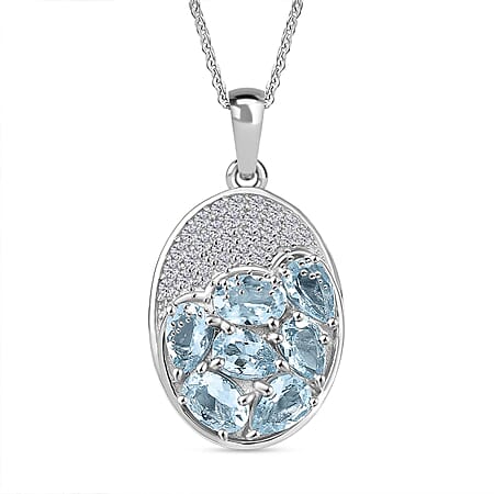 Aquamarine & White Zircon Pendant with Chain (Size 20) in Rhodium Overlay Sterling Silver 3.20 Ct.
