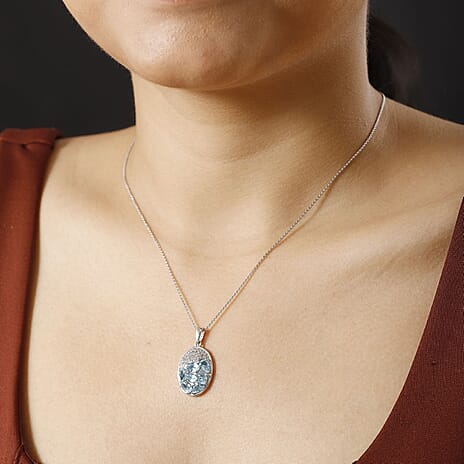 Aquamarine & White Zircon Pendant with Chain (Size 20) in Rhodium Overlay Sterling Silver 3.20 Ct.